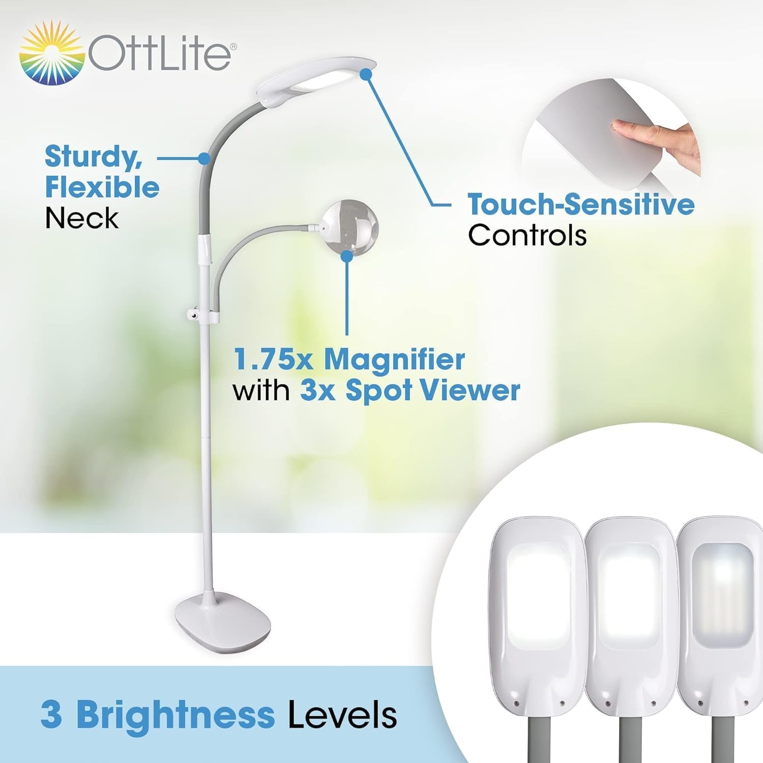 image:imageOttLite 18w EasyView Standing Floor Lamp with Optical Grade 3X Magnifier Attachment Arm amp Flexible Neck Wide Wing Shade with Modern Design for Crafting Work Office Dorm Room Sewing amp ReadingLED White
