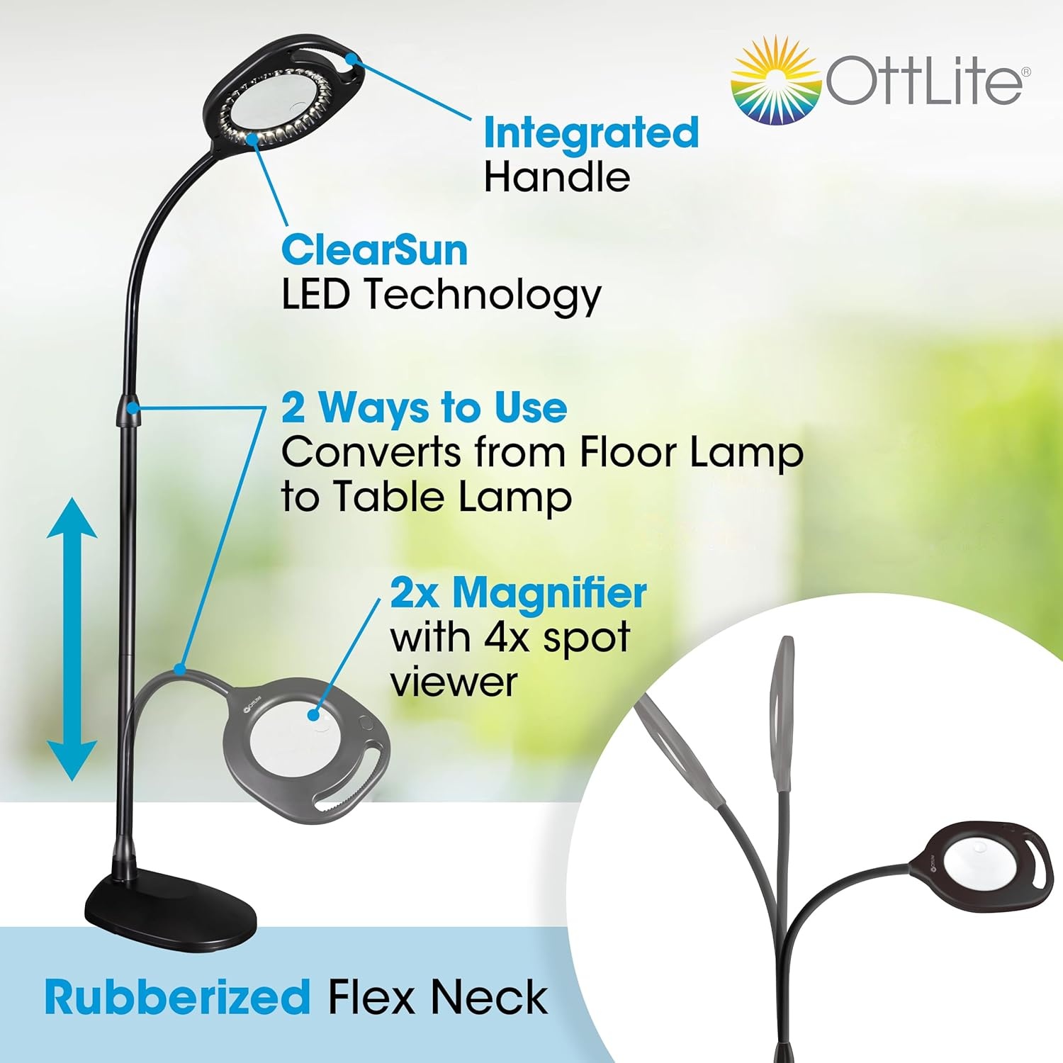 image:imageOttLite 2in1 LED Magnifier Floor amp Table Light Clearsun Silver RetailBlack ClearSun