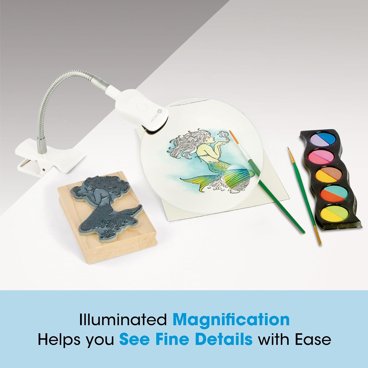 image:imageOttLite 5Inch LED Magnifier with Clip and Stand 2X Magnification Rimless Lens Batteries Included Great for Crafting Cross Stitch and Reading