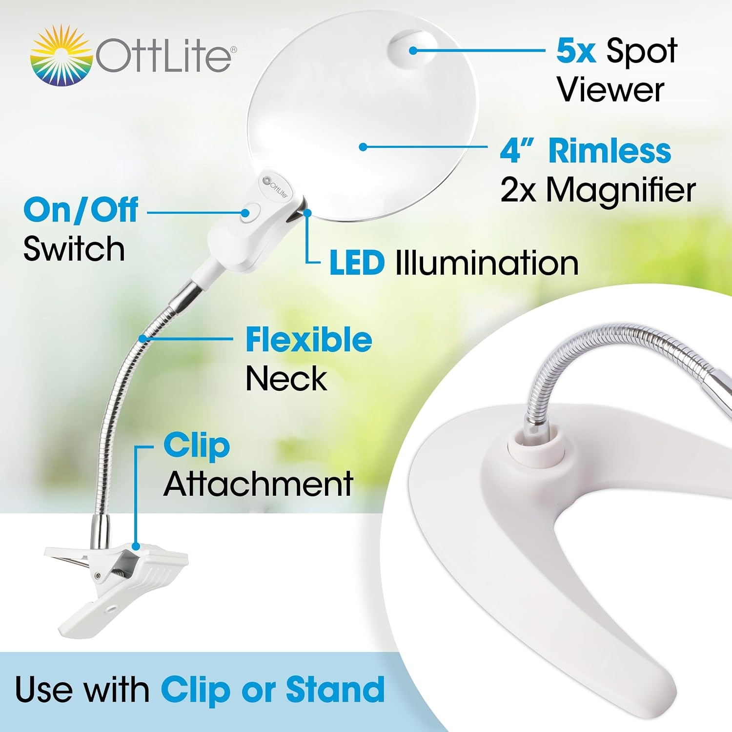 image:imageOttLite 5Inch LED Magnifier with Clip and Stand 2X Magnification Rimless Lens Batteries Included Great for Crafting Cross Stitch and Reading