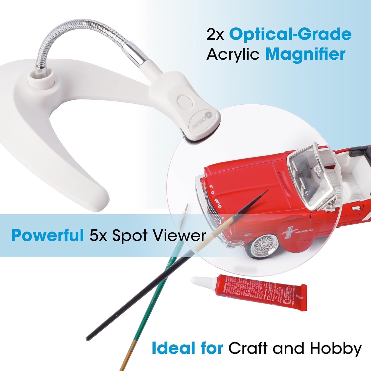 image:imageOttLite 5Inch LED Magnifier with Clip and Stand 2X Magnification Rimless Lens Batteries Included Great for Crafting Cross Stitch and Reading