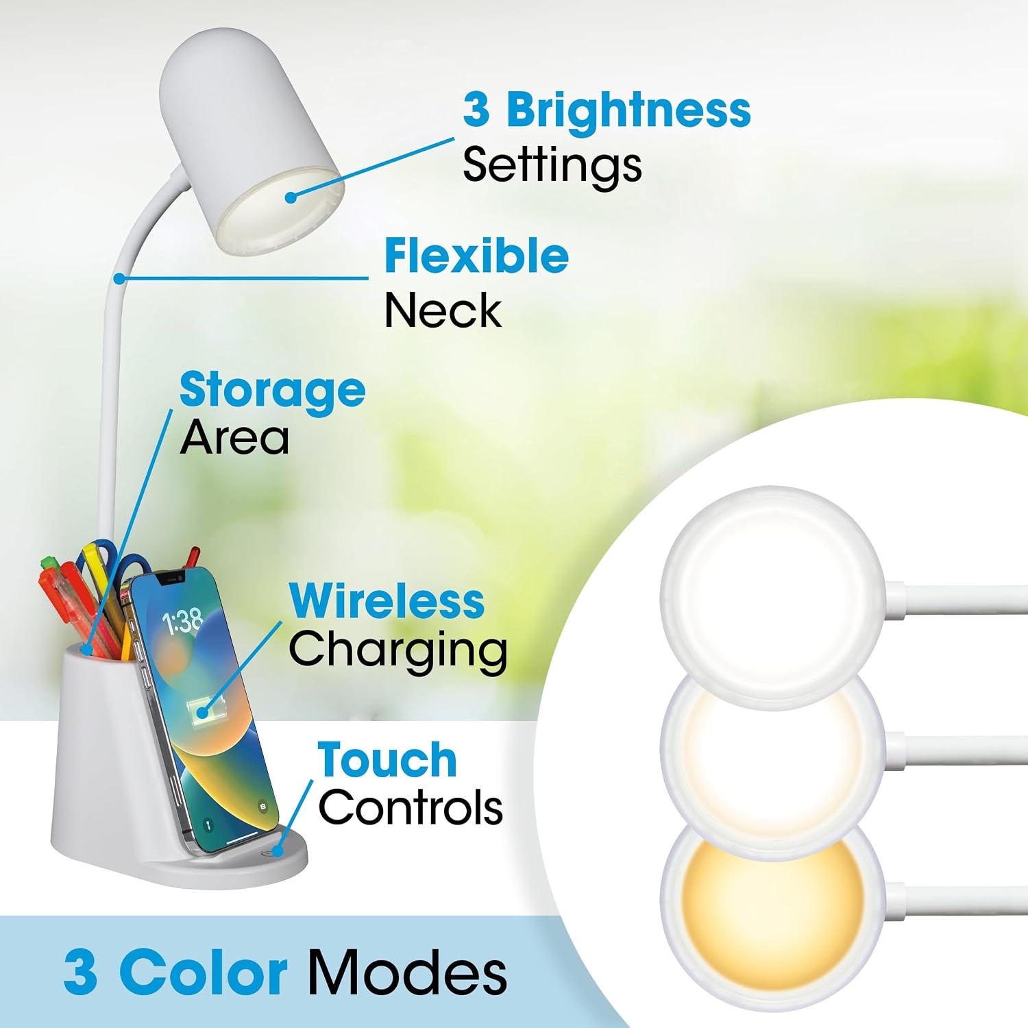 image:imageOttLite Aglow LED Desk Lamp with Wireless Charging Stand 3 Color Temperatures Storage and Organization Area Book Light Table Lamp Reading Light Work Light Desk Lights for Home Office or Bedside