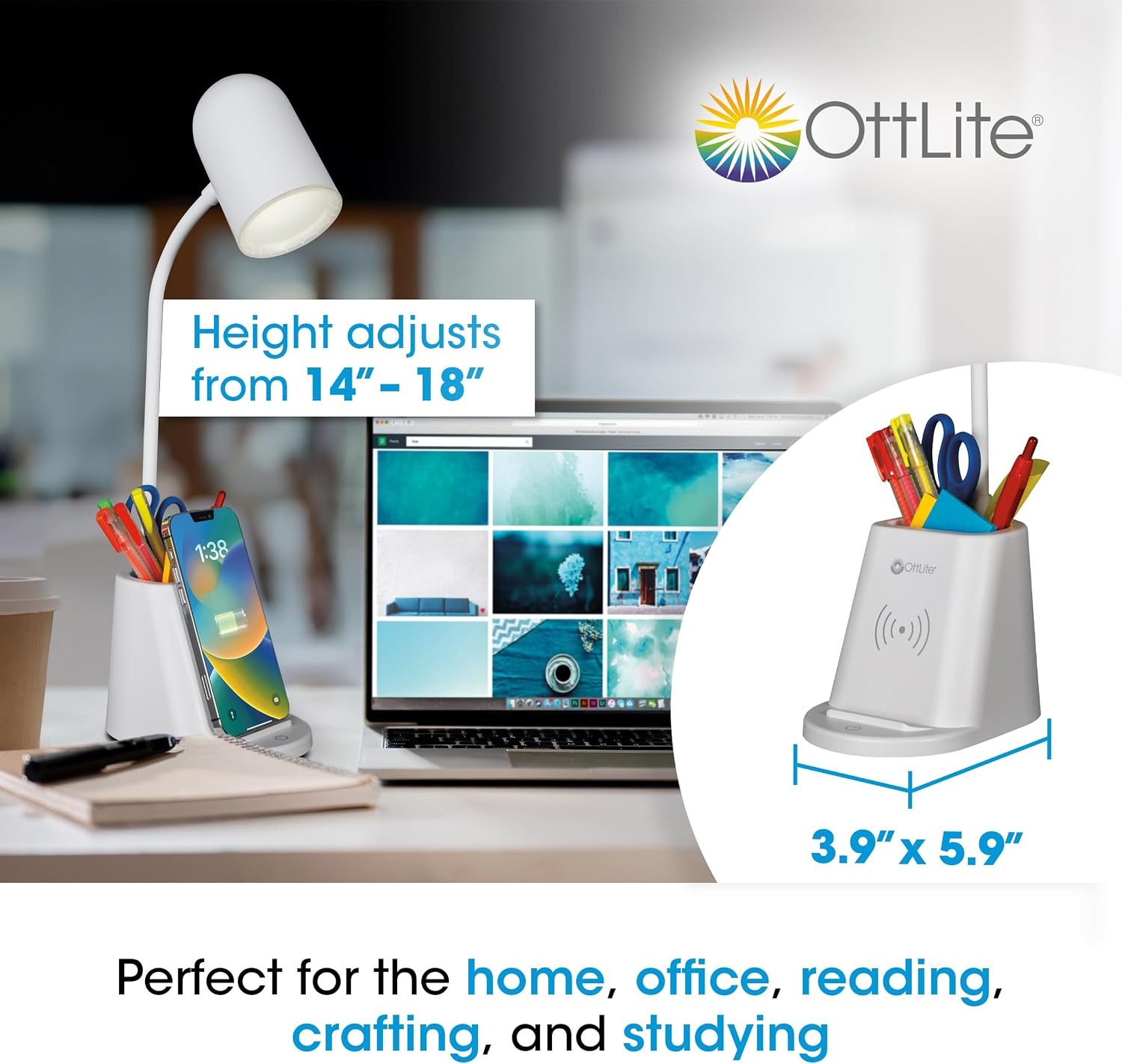 image:imageOttLite Aglow LED Desk Lamp with Wireless Charging Stand 3 Color Temperatures Storage and Organization Area Book Light Table Lamp Reading Light Work Light Desk Lights for Home Office or Bedside