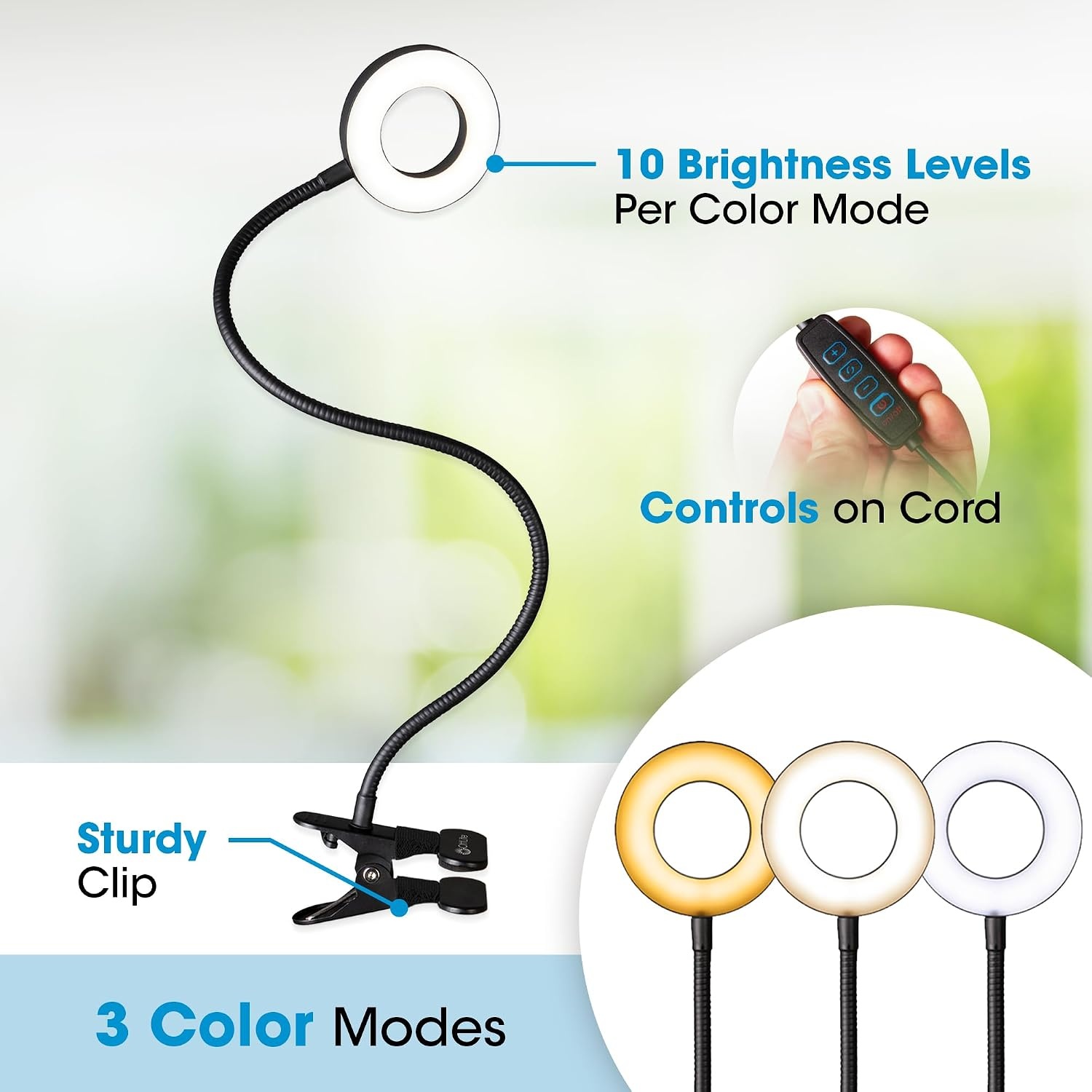 image:imageOttLite Capture ClipOn LED Desk Lamp and Ring Light for Desk Use for Reading Selfie for Computer ClearSun LED Technology Dimmable with 3 Color ModesBlack ClipOn Light