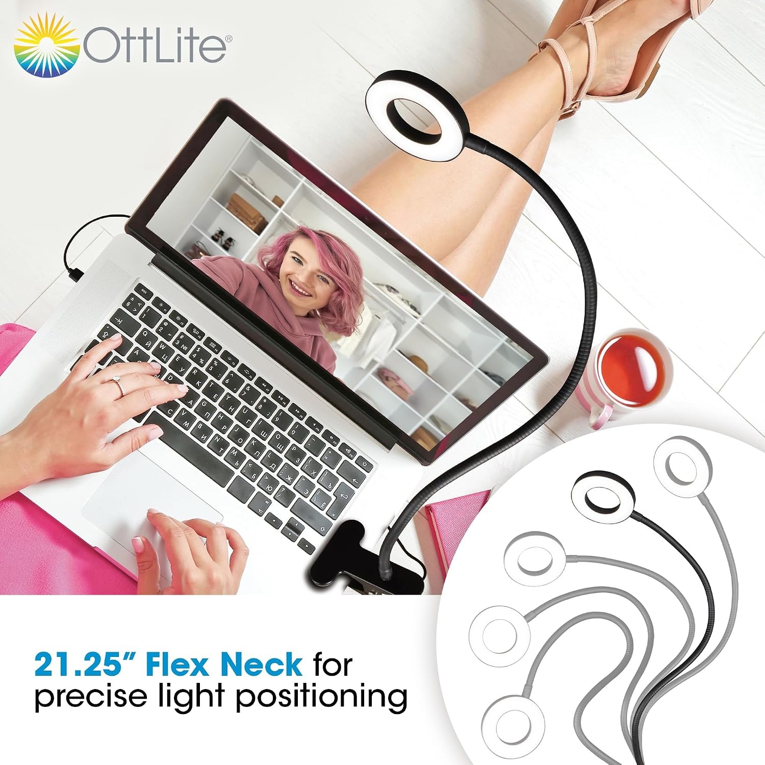 image:imageOttLite Capture ClipOn LED Desk Lamp and Ring Light for Desk Use for Reading Selfie for Computer ClearSun LED Technology Dimmable with 3 Color ModesBlack ClipOn Light
