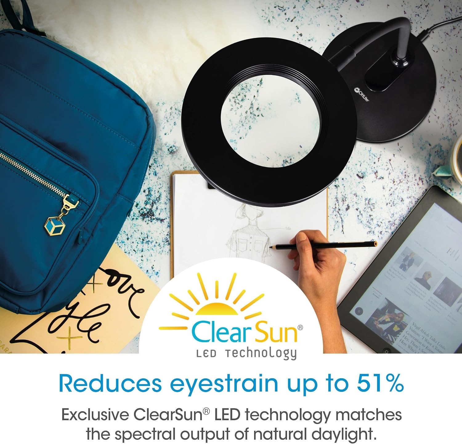 image:imageOttLite Capture ClipOn LED Desk Lamp and Ring Light for Desk Use for Reading Selfie for Computer ClearSun LED Technology Dimmable with 3 Color ModesBlack Desk Light