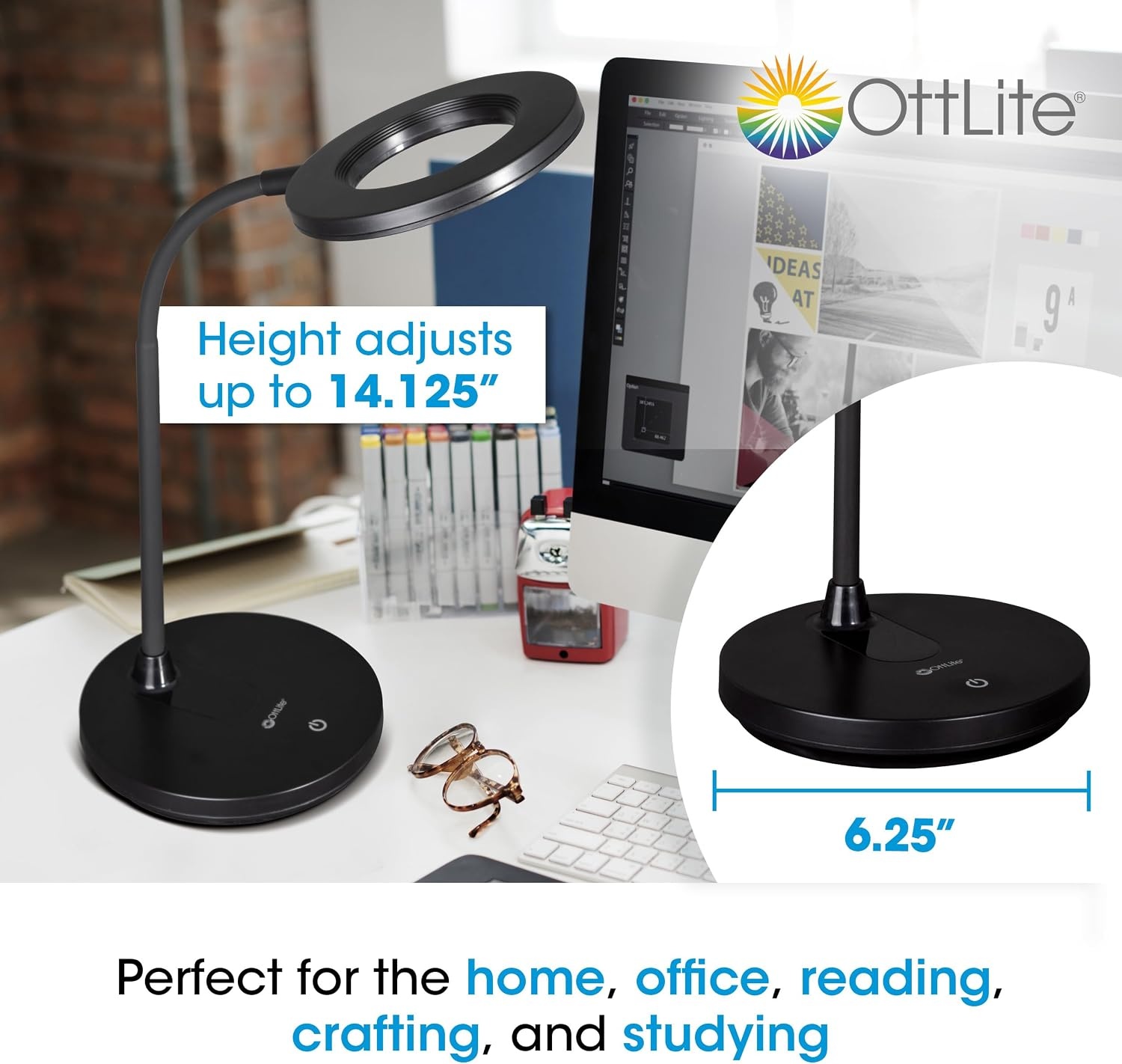 image:imageOttLite Capture ClipOn LED Desk Lamp and Ring Light for Desk Use for Reading Selfie for Computer ClearSun LED Technology Dimmable with 3 Color ModesBlack Desk Light