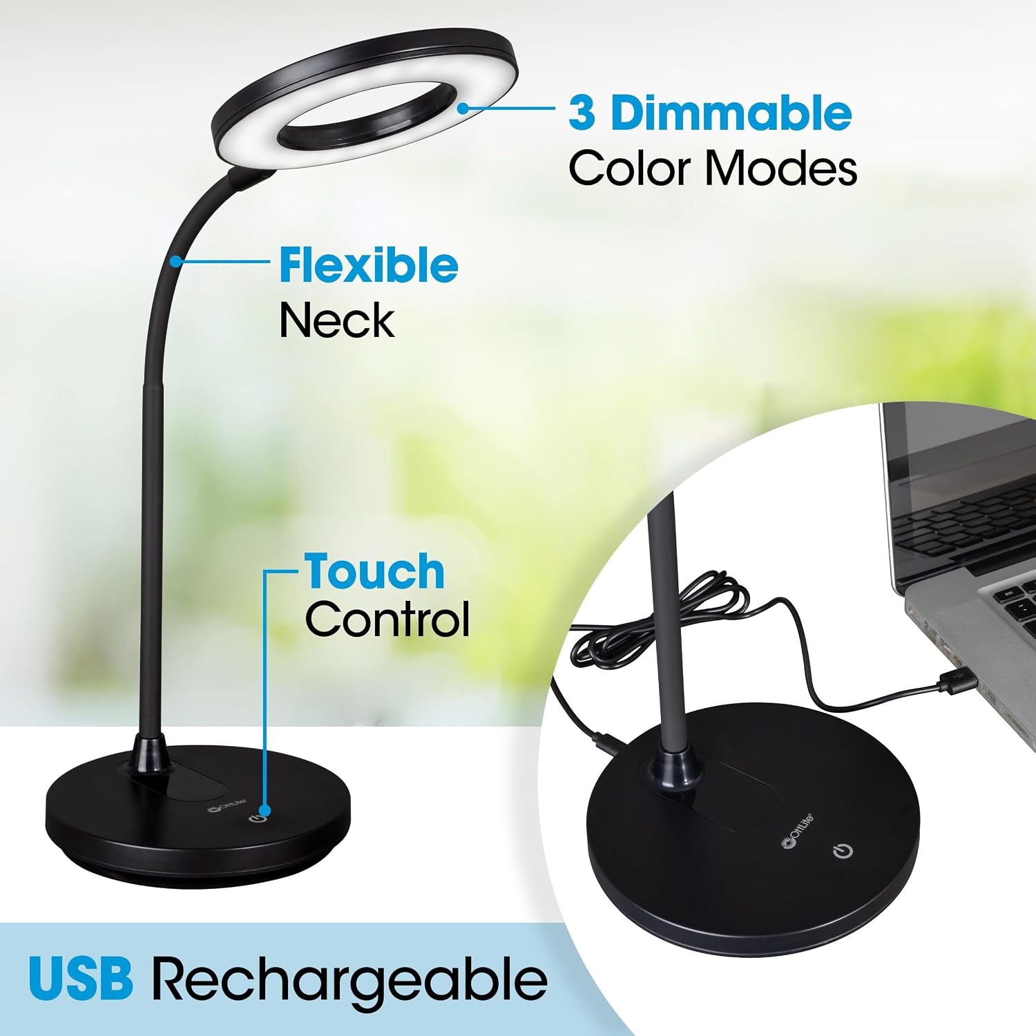 image:imageOttLite Capture ClipOn LED Desk Lamp and Ring Light for Desk Use for Reading Selfie for Computer ClearSun LED Technology Dimmable with 3 Color ModesBlack Desk Light