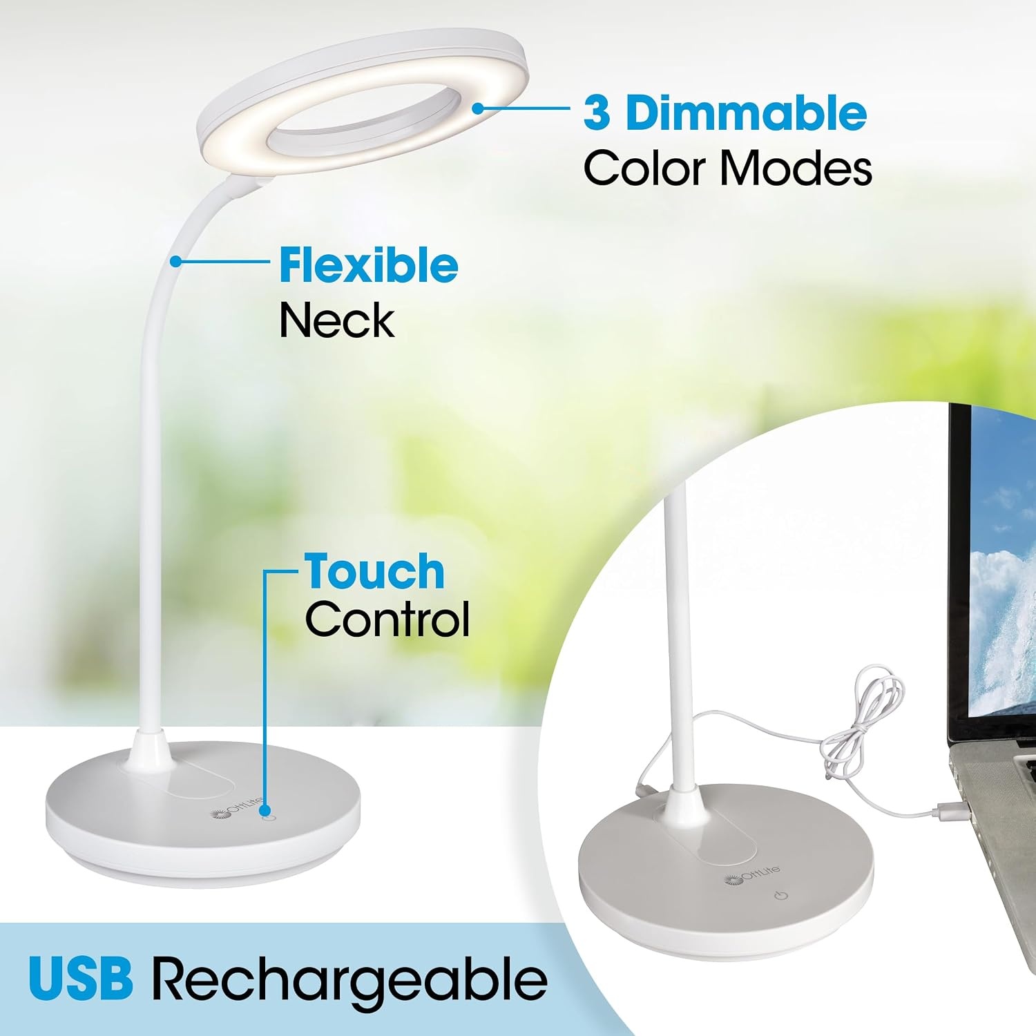 image:imageOttLite Capture ClipOn LED Desk Lamp and Ring Light for Desk Use for Reading Selfie for Computer ClearSun LED Technology Dimmable with 3 Color ModesWhite Desk Light