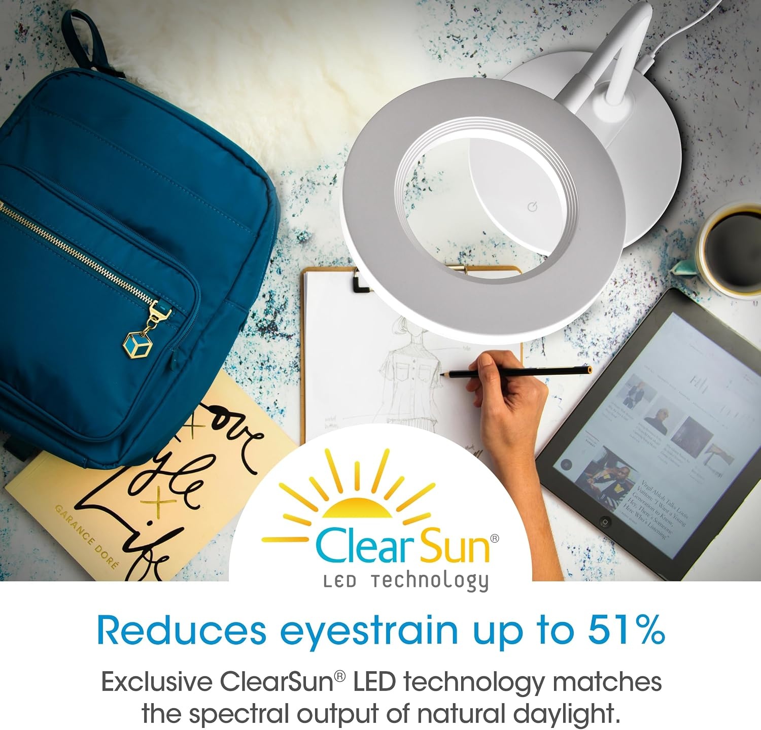 image:imageOttLite Capture ClipOn LED Desk Lamp and Ring Light for Desk Use for Reading Selfie for Computer ClearSun LED Technology Dimmable with 3 Color ModesWhite Desk Light