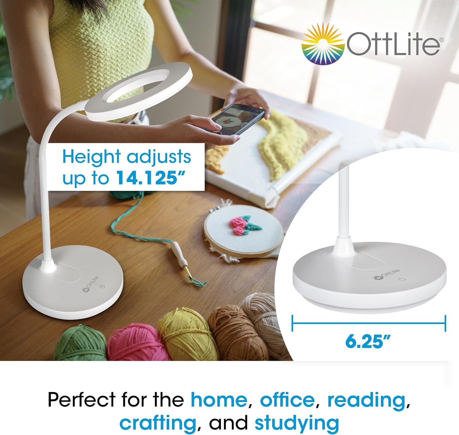 image:imageOttLite Capture ClipOn LED Desk Lamp and Ring Light for Desk Use for Reading Selfie for Computer ClearSun LED Technology Dimmable with 3 Color ModesWhite Desk Light