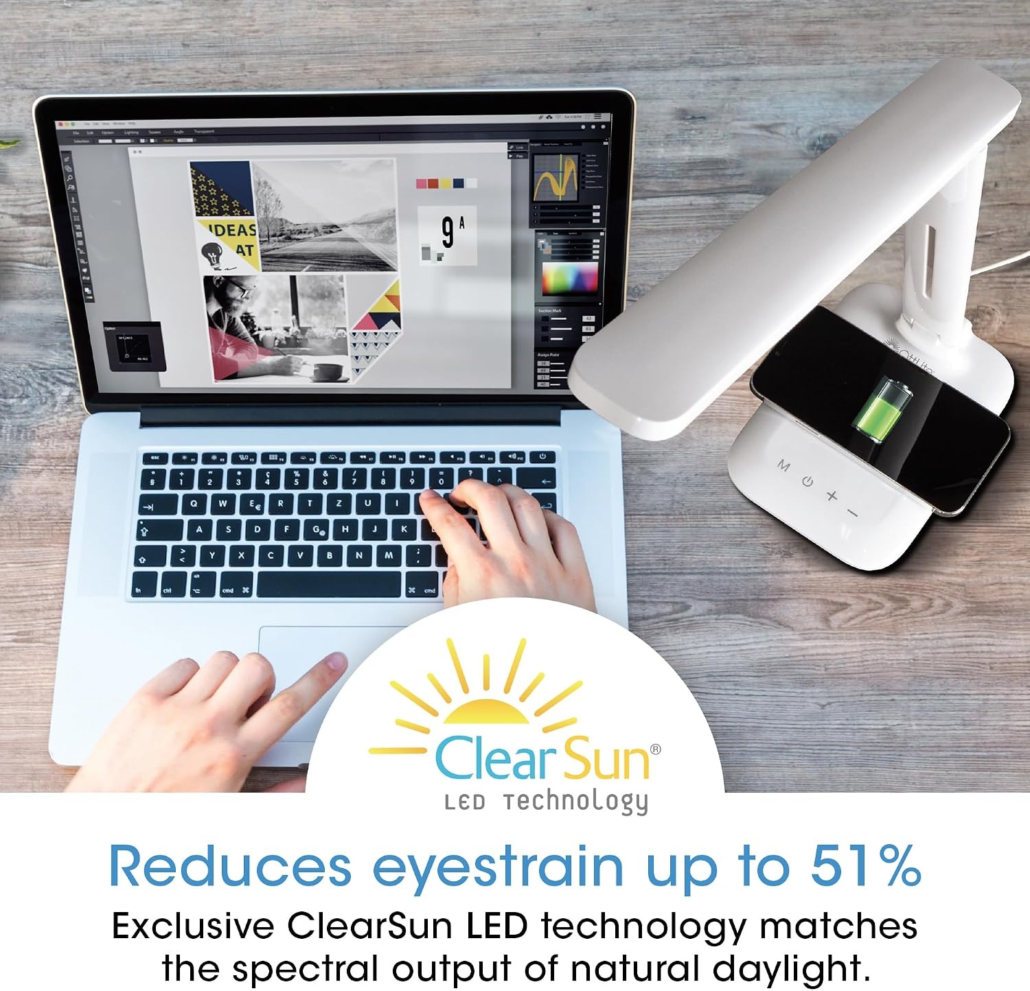 image:imageOttLite Charge Up LED Desk Lamp with Wireless Charging amp ClearSun LED Technology 3 Color Temperature Modes Adjustable Neck Task Lamp for Home Reading Office amp Dorms