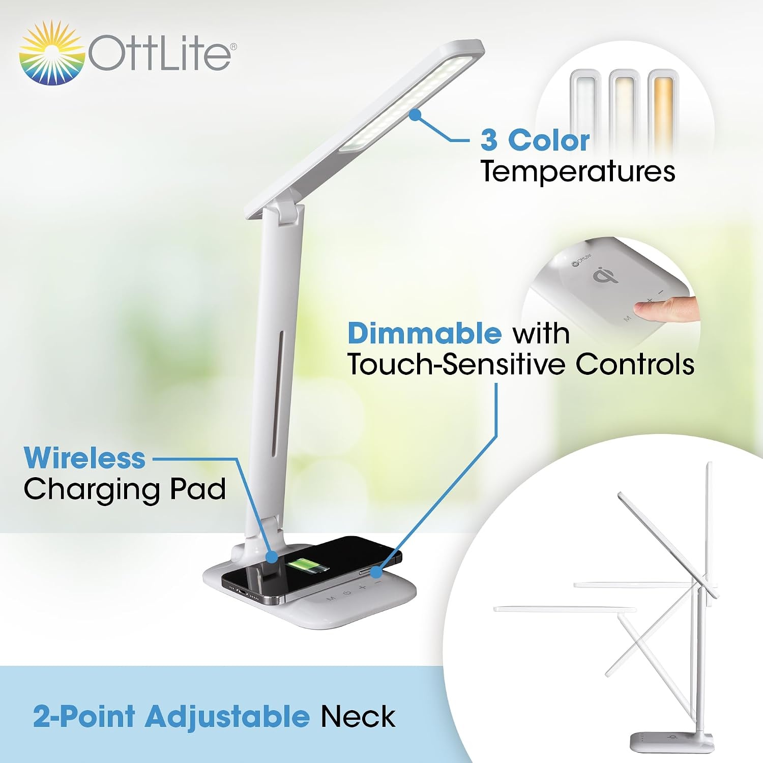 image:imageOttLite Charge Up LED Desk Lamp with Wireless Charging amp ClearSun LED Technology 3 Color Temperature Modes Adjustable Neck Task Lamp for Home Reading Office amp Dorms