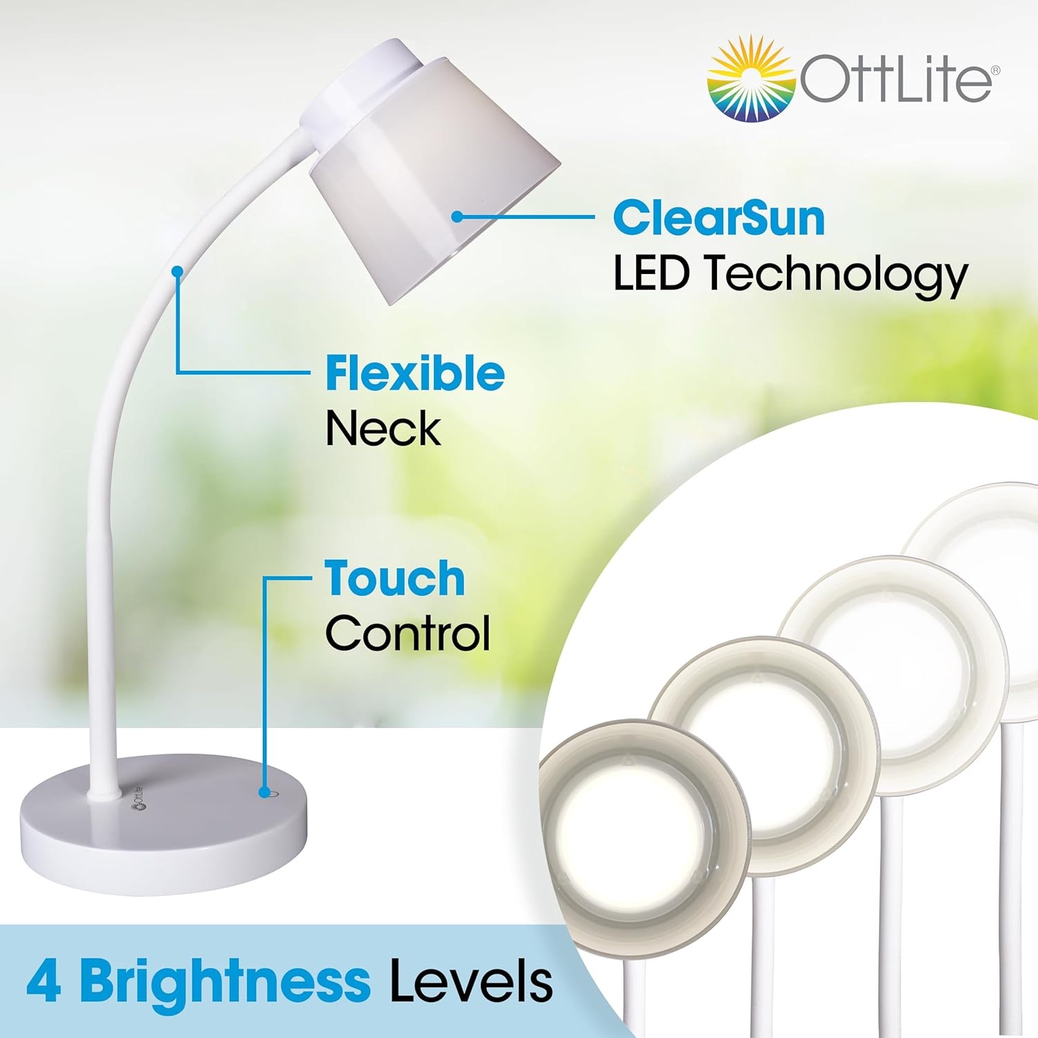image:imageOttLite Clarify LED Desk Lamp with 4 Brightness Settings Touch Activated Controls Modern White Design ClearSun LED Lighting Flexible Neck for Work Study Reading Crafting