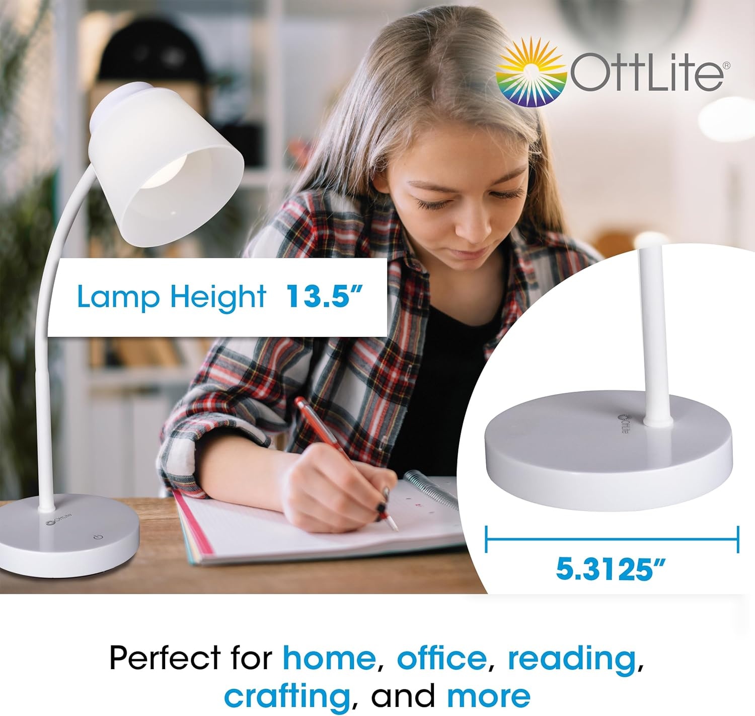 image:imageOttLite Clarify LED Desk Lamp with 4 Brightness Settings Touch Activated Controls Modern White Design ClearSun LED Lighting Flexible Neck for Work Study Reading Crafting