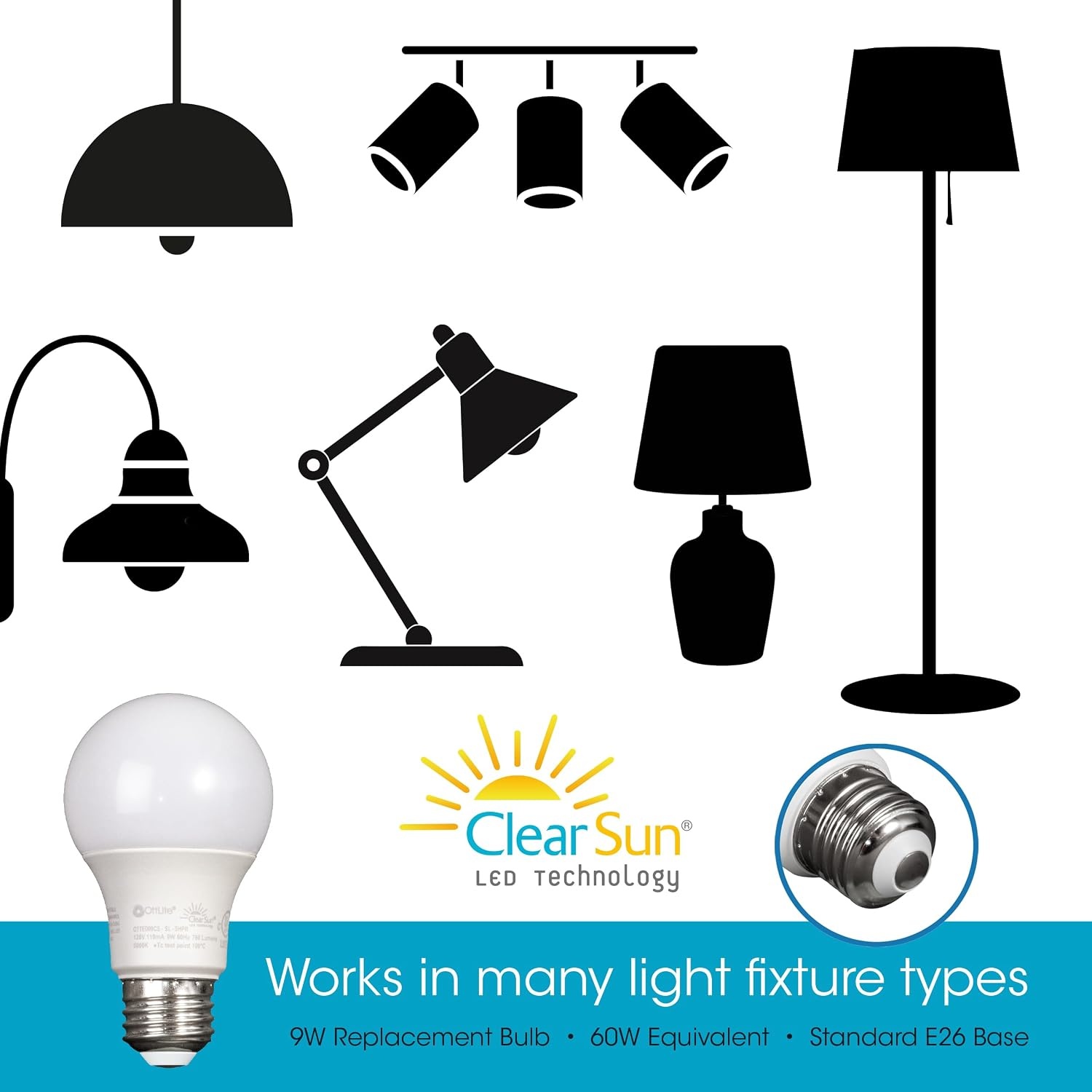 image:imageOttLite ClearSun 9W EdisonBase LED Bulb 60W Equivalent Full Spectrum Natural Daylight E26 Base 95 Color Rendering Index Dimmable LED Light Bulb Replacement