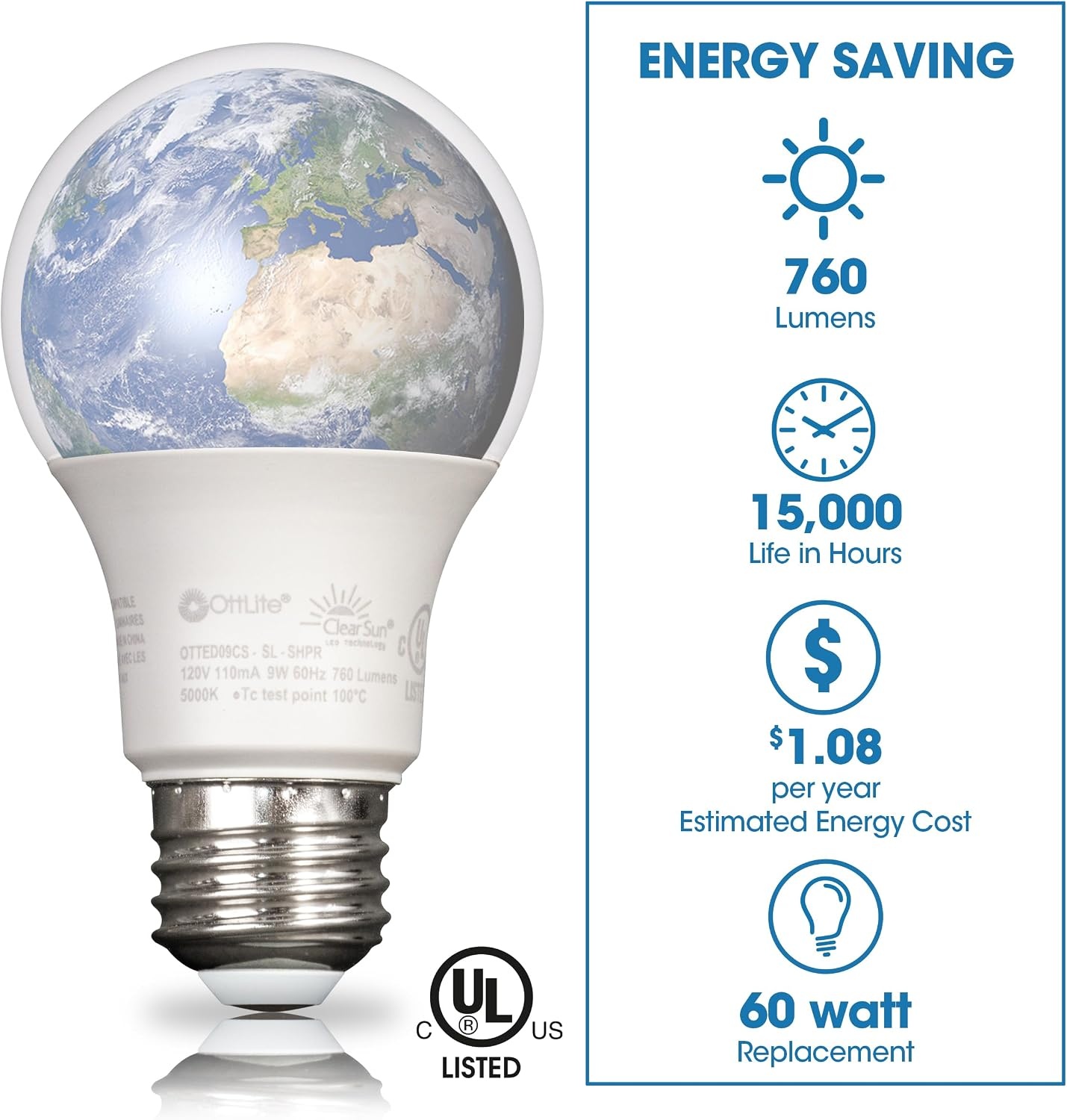 image:imageOttLite ClearSun 9W EdisonBase LED Bulb 60W Equivalent Full Spectrum Natural Daylight E26 Base 95 Color Rendering Index Dimmable LED Light Bulb Replacement