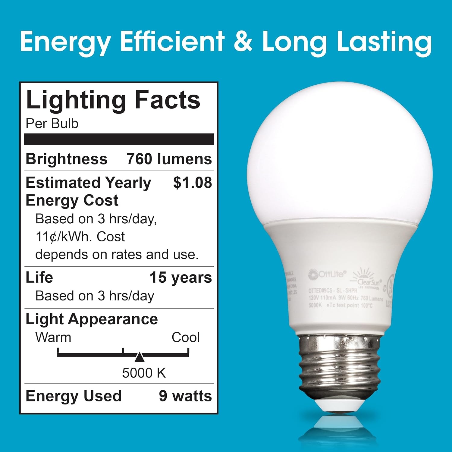 image:imageOttLite ClearSun 9W EdisonBase LED Bulb 60W Equivalent Full Spectrum Natural Daylight E26 Base 95 Color Rendering Index Dimmable LED Light Bulb Replacement