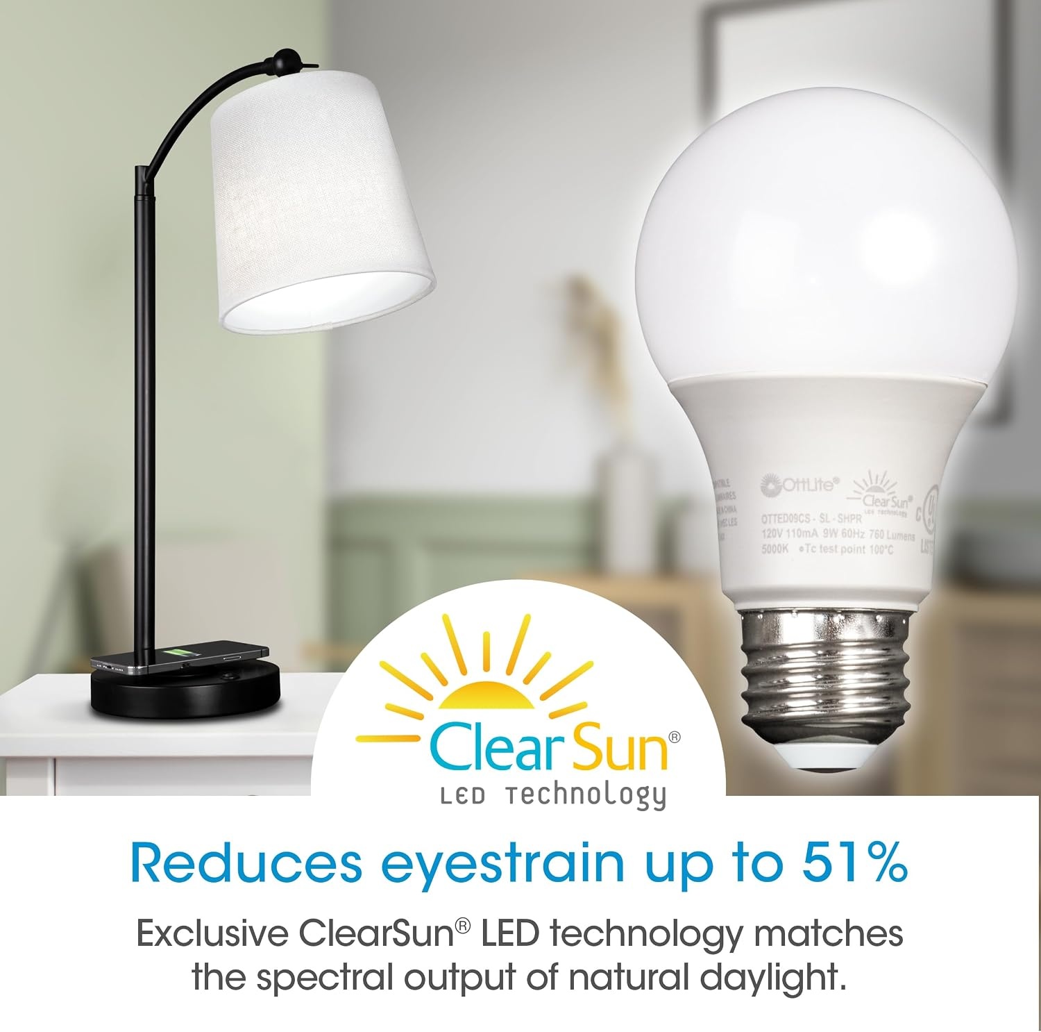 image:imageOttLite ClearSun 9W EdisonBase LED Bulb 60W Equivalent Full Spectrum Natural Daylight E26 Base 95 Color Rendering Index Dimmable LED Light Bulb Replacement
