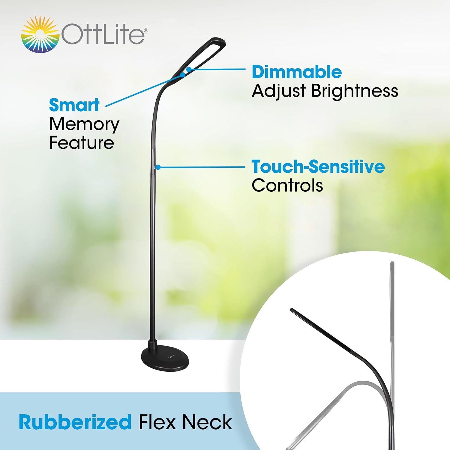 image:imageOttLite ClearSun Flex LED Floor Lamp with LED Technology Touch Activated Controls Adjustable Neck Smart Memory Feature Great for Office Home Dorm Bedroom College amp Living RoomBlack