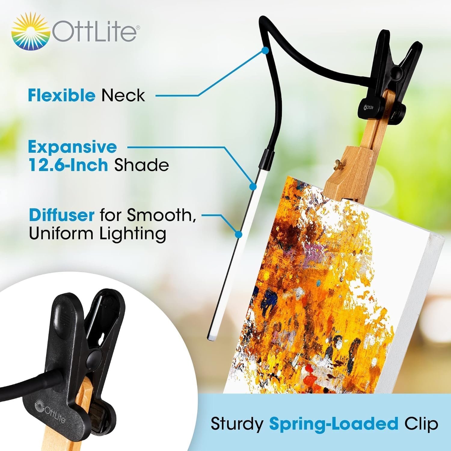 image:imageOttLite ClipOn LED Easel Lamp with ClearSun LED Technology Sturdy Clip Light with OnOff Switch Cord Adjustable amp Flexible Neck for Precise Lighting Piano Computer Desks Shelves amp TablesBlack
