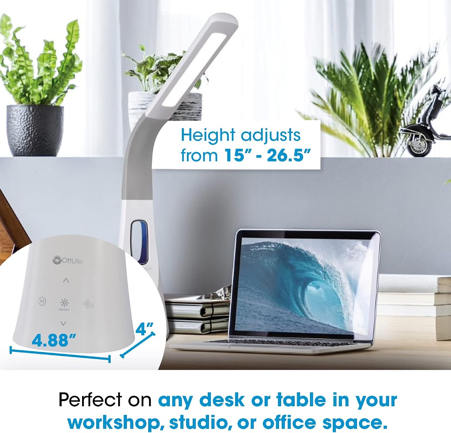 image:imageOttLite Cool Breeze LED Lamp with Bladeless Fan 3 Speed Options amp 5 Brightness Settings with Energy Efficient Natural Daylight LEDs Desktop Table or Nightstand Lamp for Studying or ReadingWhite