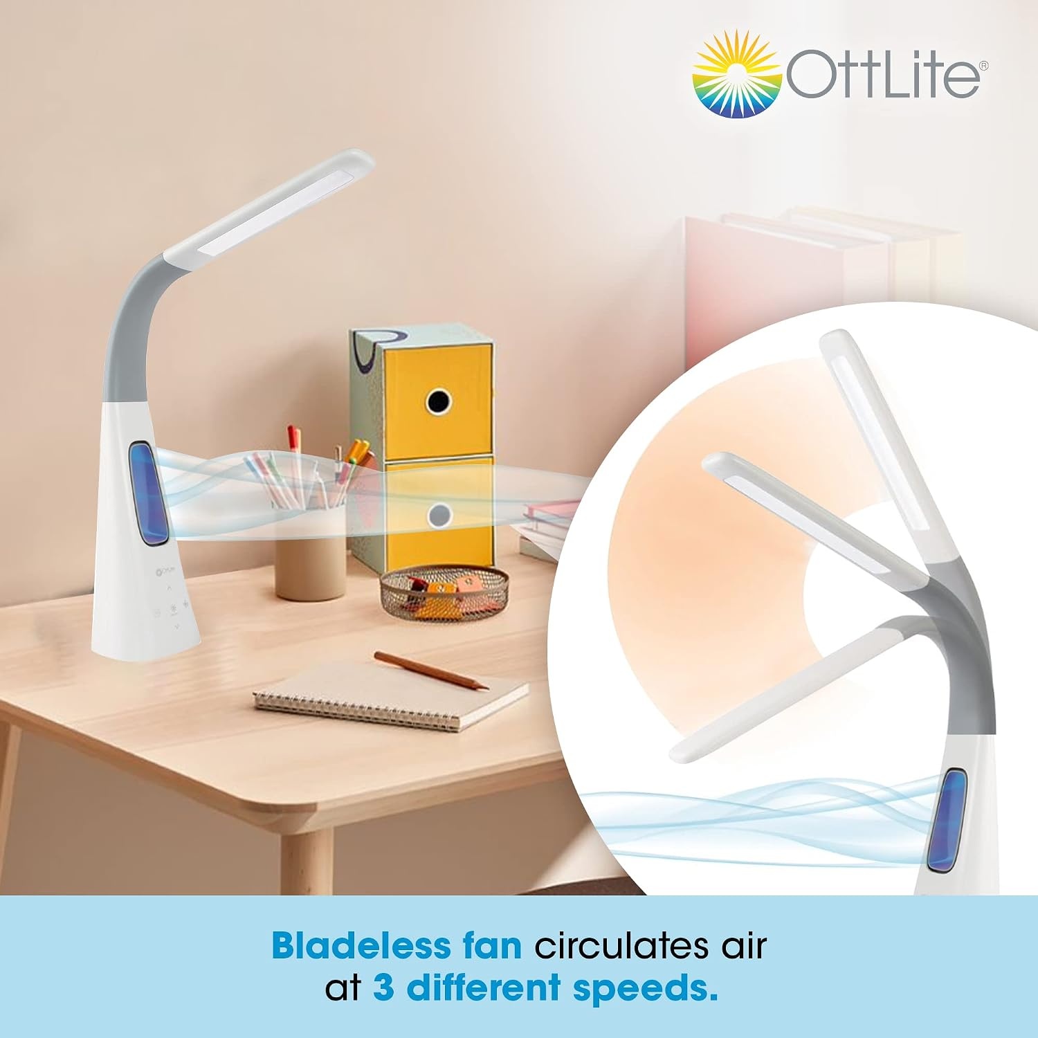 image:imageOttLite Cool Breeze LED Lamp with Bladeless Fan 3 Speed Options amp 5 Brightness Settings with Energy Efficient Natural Daylight LEDs Desktop Table or Nightstand Lamp for Studying or ReadingWhite
