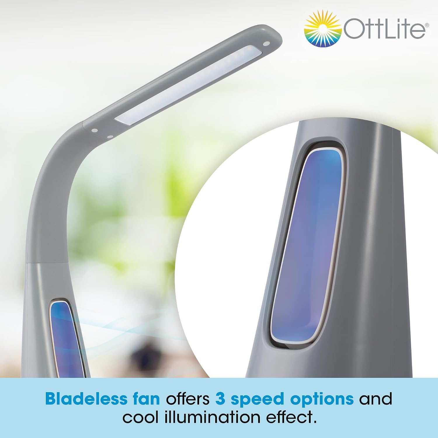 image:imageOttLite Cool Breeze LED Lamp with Bladeless Fan 3 Speed Options amp 5 Brightness Settings with Energy Efficient Natural Daylight LEDs Desktop Table or Nightstand Lamp for Studying or ReadingGray