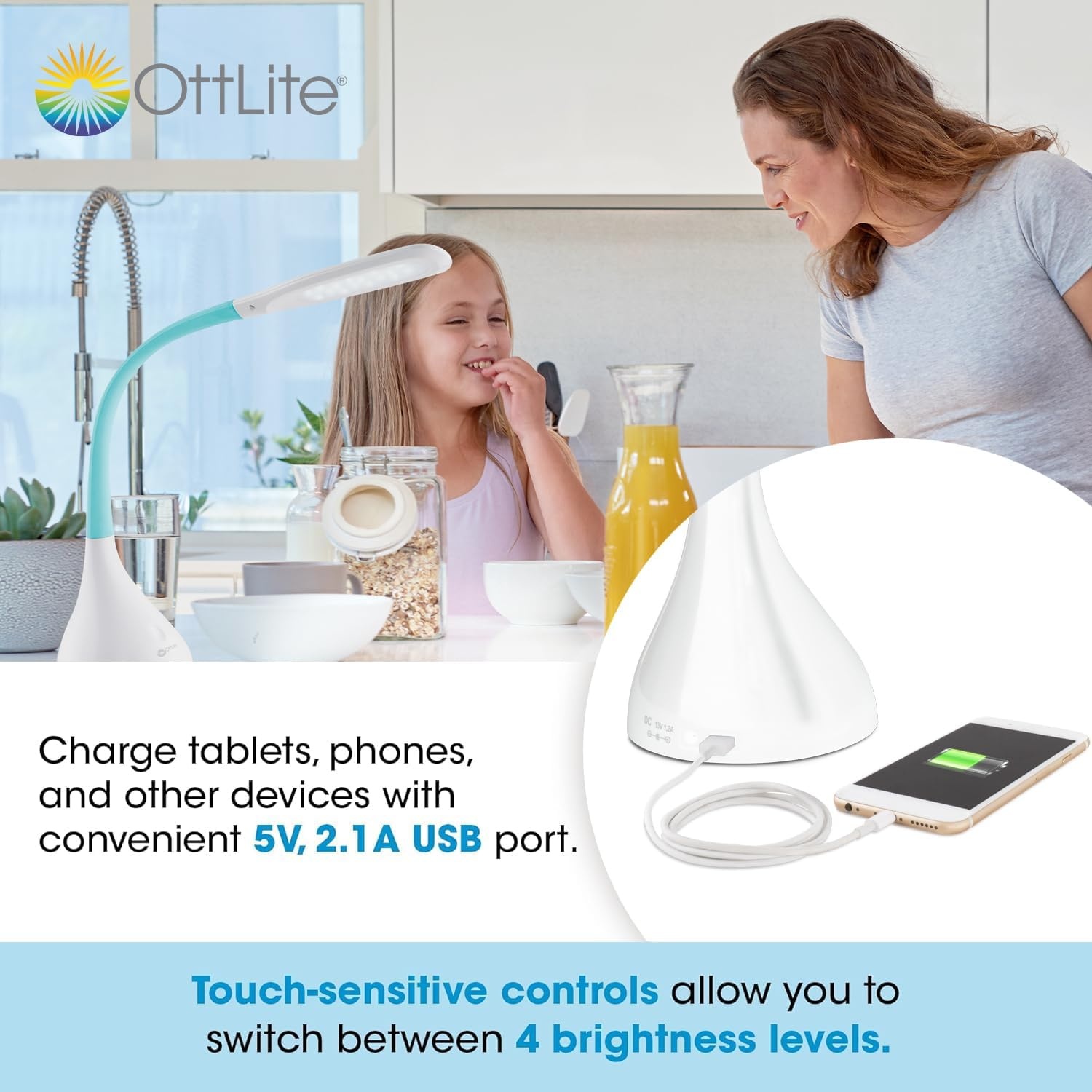 image:imageOttLite Creative Curves LED Desk Lamp with Adjustable Neck Dimmable with 4 Brightness Settings amp Energy Efficient Natural Daylight LEDs for Home Office Computer Desk amp DormsWhiteBlue