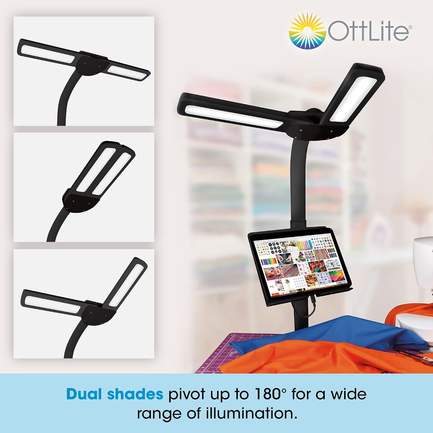 image:imageOttLite Dual Shade LED Standing Floor Lamp with Adjustable Stand Wide Range of Illumination with Builtin 21A USB Charging Port and Flexible Neck 4 Brightness Settings for Reading amp StudyingBlack