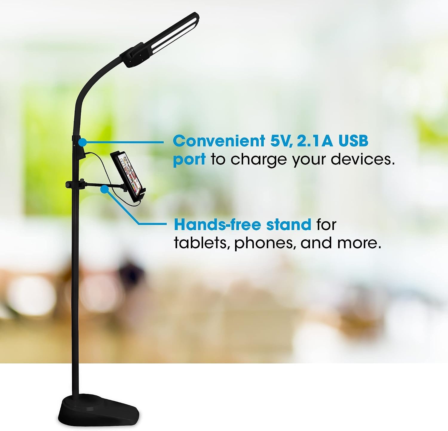 image:imageOttLite Dual Shade LED Standing Floor Lamp with Adjustable Stand Wide Range of Illumination with Builtin 21A USB Charging Port and Flexible Neck 4 Brightness Settings for Reading amp StudyingBlack