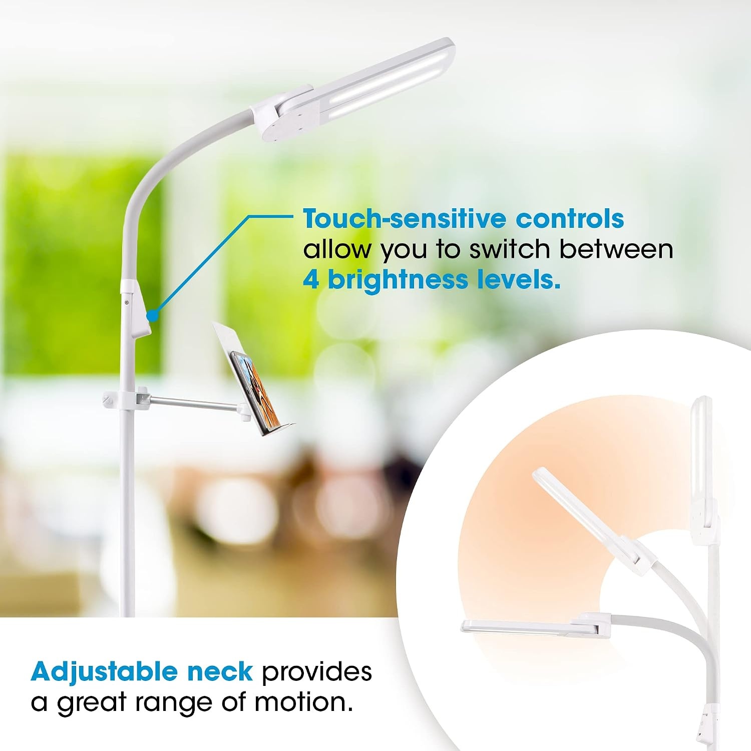 image:imageOttLite Dual Shade LED Standing Floor Lamp with Adjustable Stand Wide Range of Illumination with Builtin 21A USB Charging Port and Flexible Neck 4 Brightness Settings for Reading amp StudyingWhite