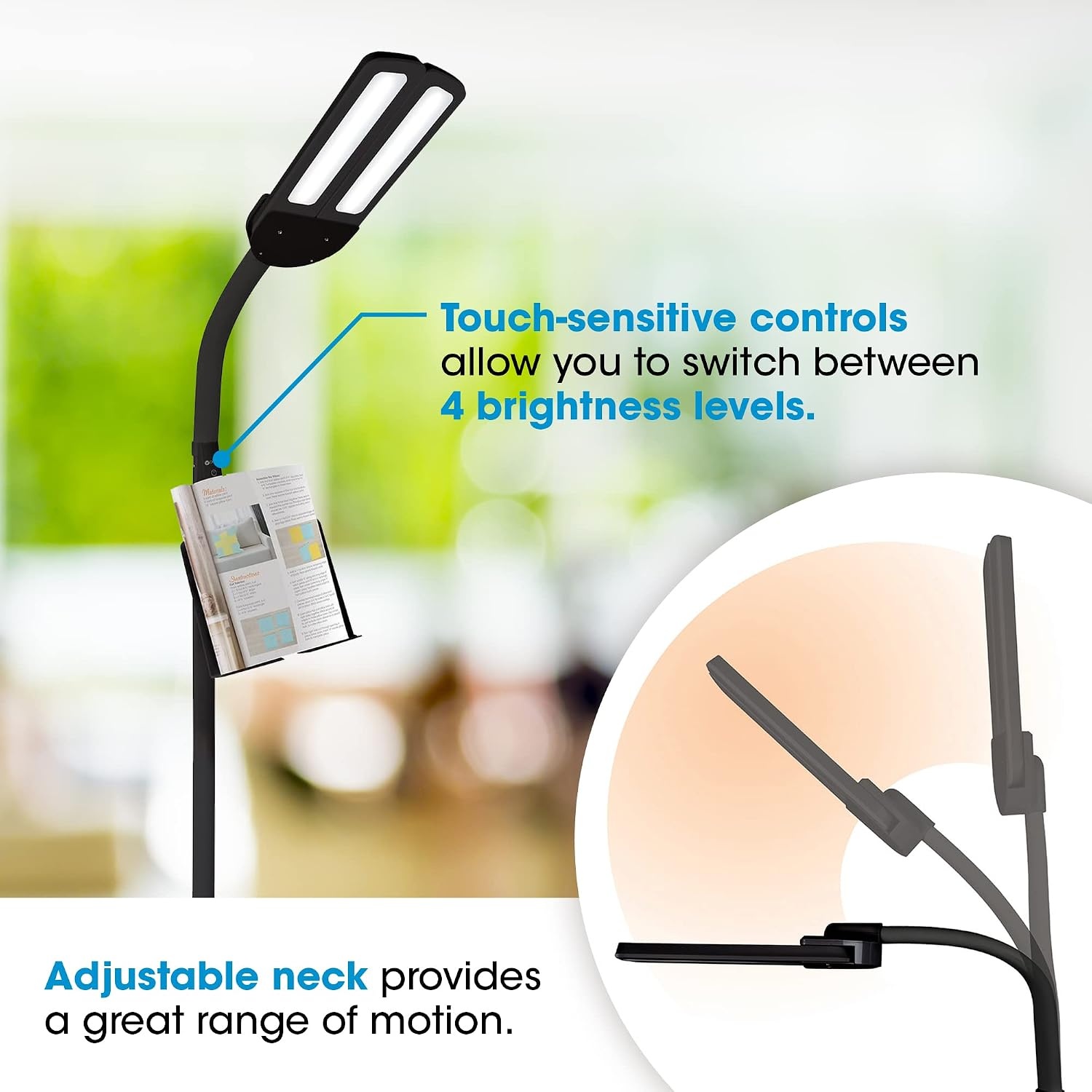 image:imageOttLite Dual Shade LED Standing Floor Lamp with Adjustable Stand Wide Range of Illumination with Builtin 21A USB Charging Port and Flexible Neck 4 Brightness Settings for Reading amp StudyingBlack