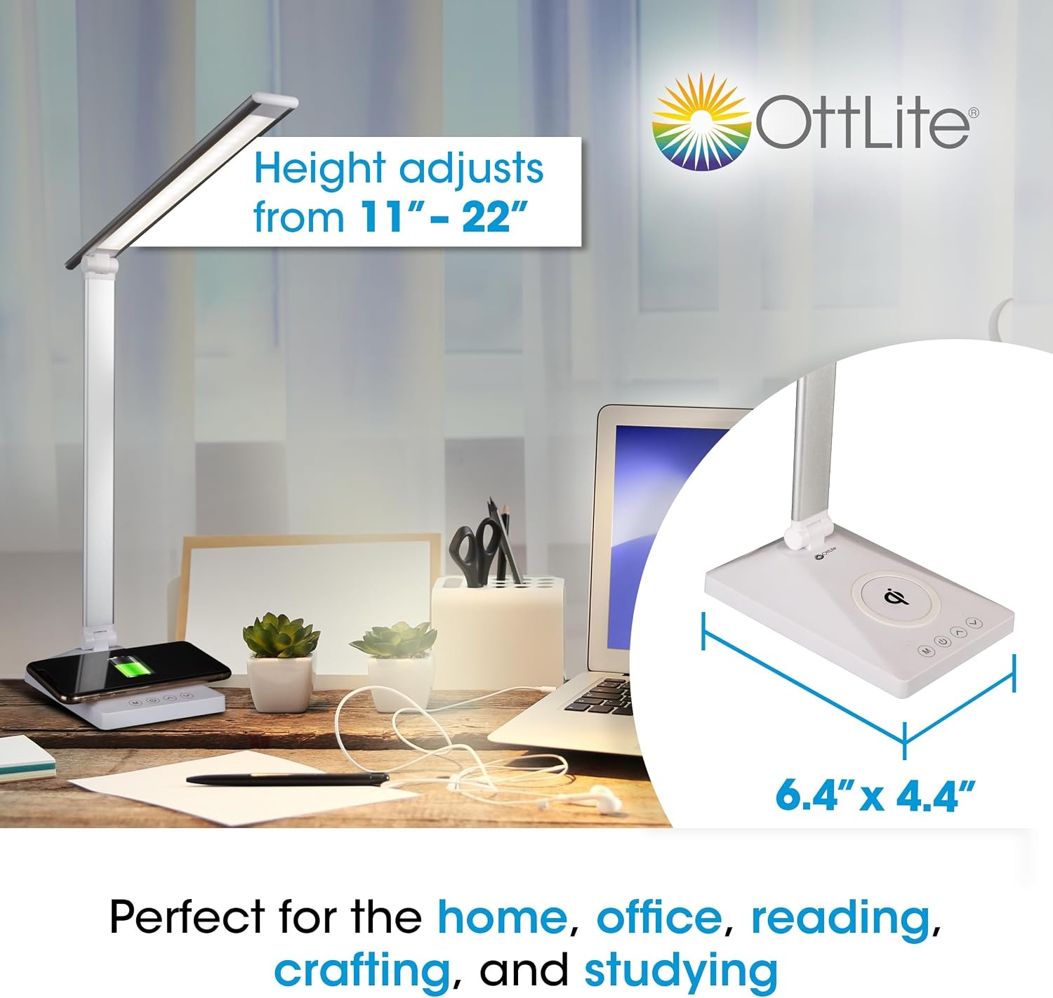 image:imageOttLite Entice LED Desk Lamp with Wireless Charger amp USB Book Light Desk Light Reading Light Foldable Arm amp Shade Touch Controls 3 Color Temperatures ClearSun LED Great Lamps for Home OfficeWhite