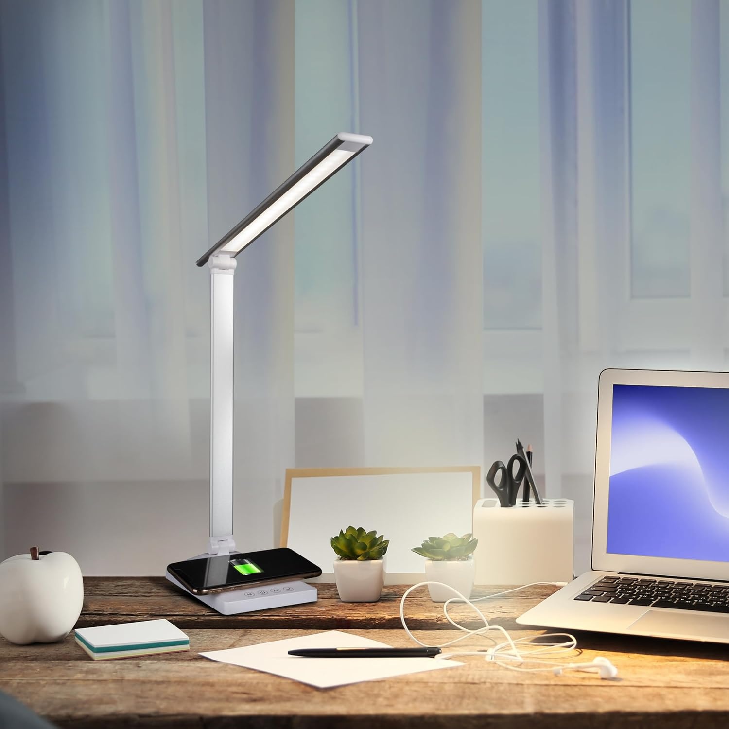 image:imageOttLite Entice LED Desk Lamp with Wireless Charger amp USB Book Light Desk Light Reading Light Foldable Arm amp Shade Touch Controls 3 Color Temperatures ClearSun LED Great Lamps for Home OfficeWhite