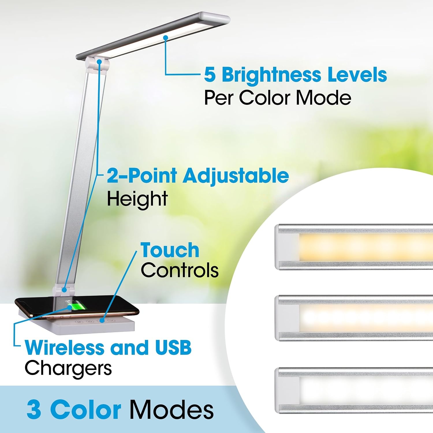 image:imageOttLite Entice LED Desk Lamp with Wireless Charger amp USB Book Light Desk Light Reading Light Foldable Arm amp Shade Touch Controls 3 Color Temperatures ClearSun LED Great Lamps for Home OfficeWhite