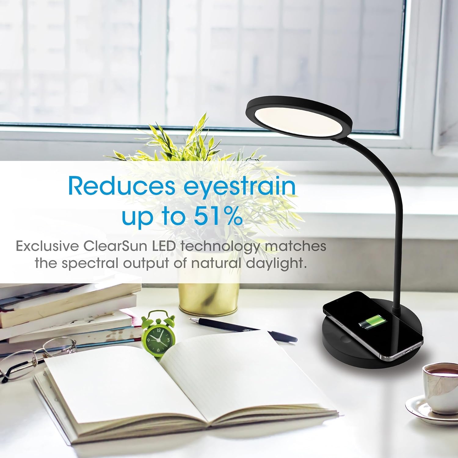 image:imageOttLite Good Housekeeping Circular LED Desk Lamp with Wireless Charging Designed to Reduce Eyestrain Adjustable Neck 3 Color Modes Crafting Office Work Reading amp StudyingBlack