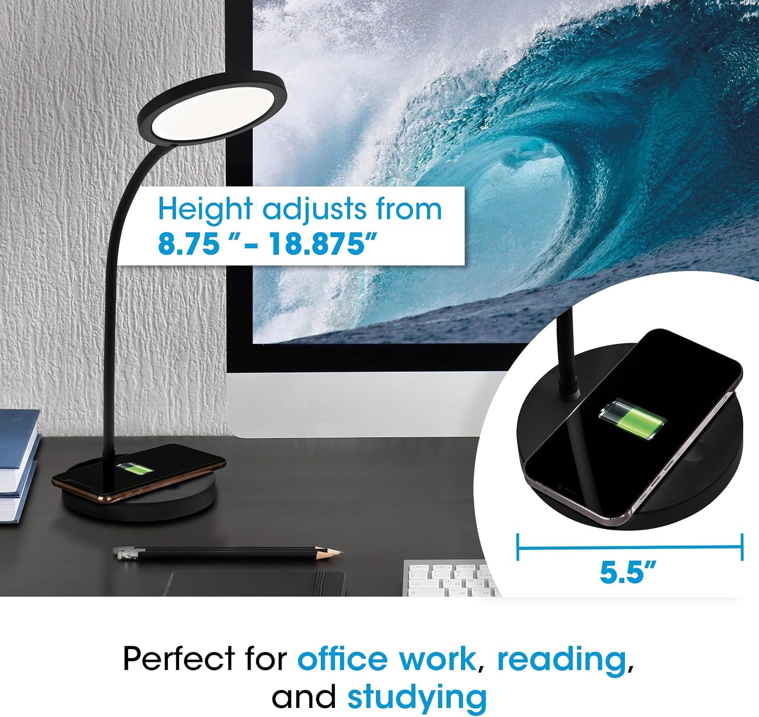 image:imageOttLite Good Housekeeping Circular LED Desk Lamp with Wireless Charging Designed to Reduce Eyestrain Adjustable Neck 3 Color Modes Crafting Office Work Reading amp StudyingBlack