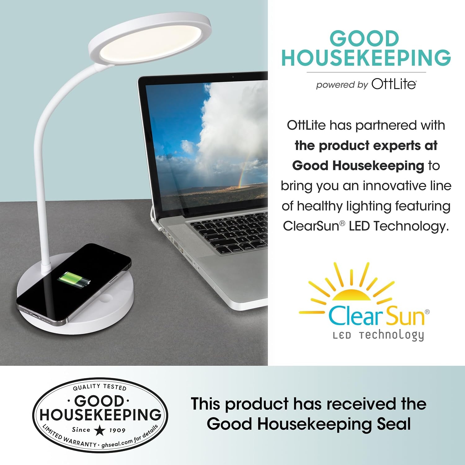 image:imageOttLite Good Housekeeping Circular LED Desk Lamp with Wireless Charging Designed to Reduce Eyestrain Adjustable Neck 3 Color Modes Crafting Office Work Reading amp StudyingWhite