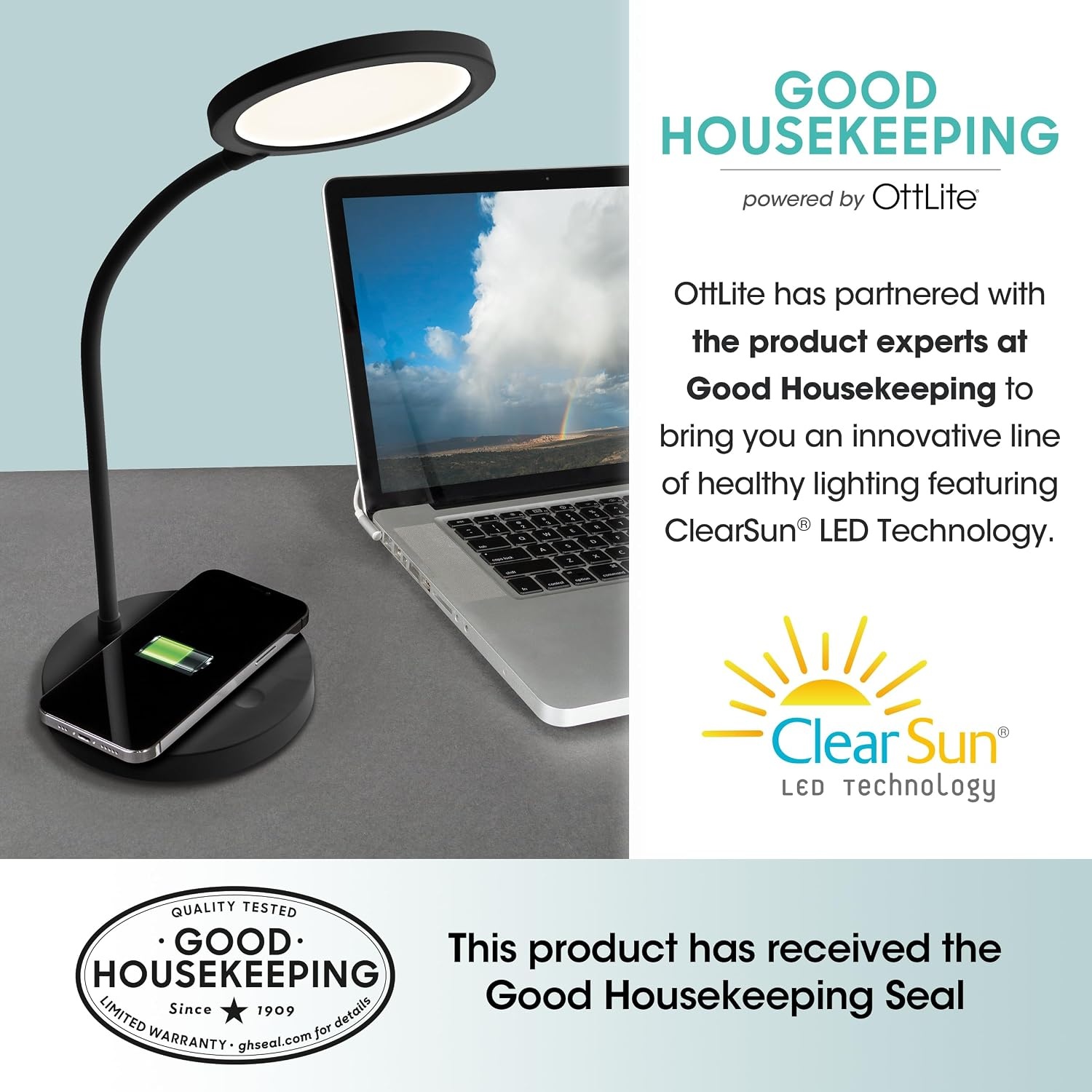 image:imageOttLite Good Housekeeping Circular LED Desk Lamp with Wireless Charging Designed to Reduce Eyestrain Adjustable Neck 3 Color Modes Crafting Office Work Reading amp StudyingBlack