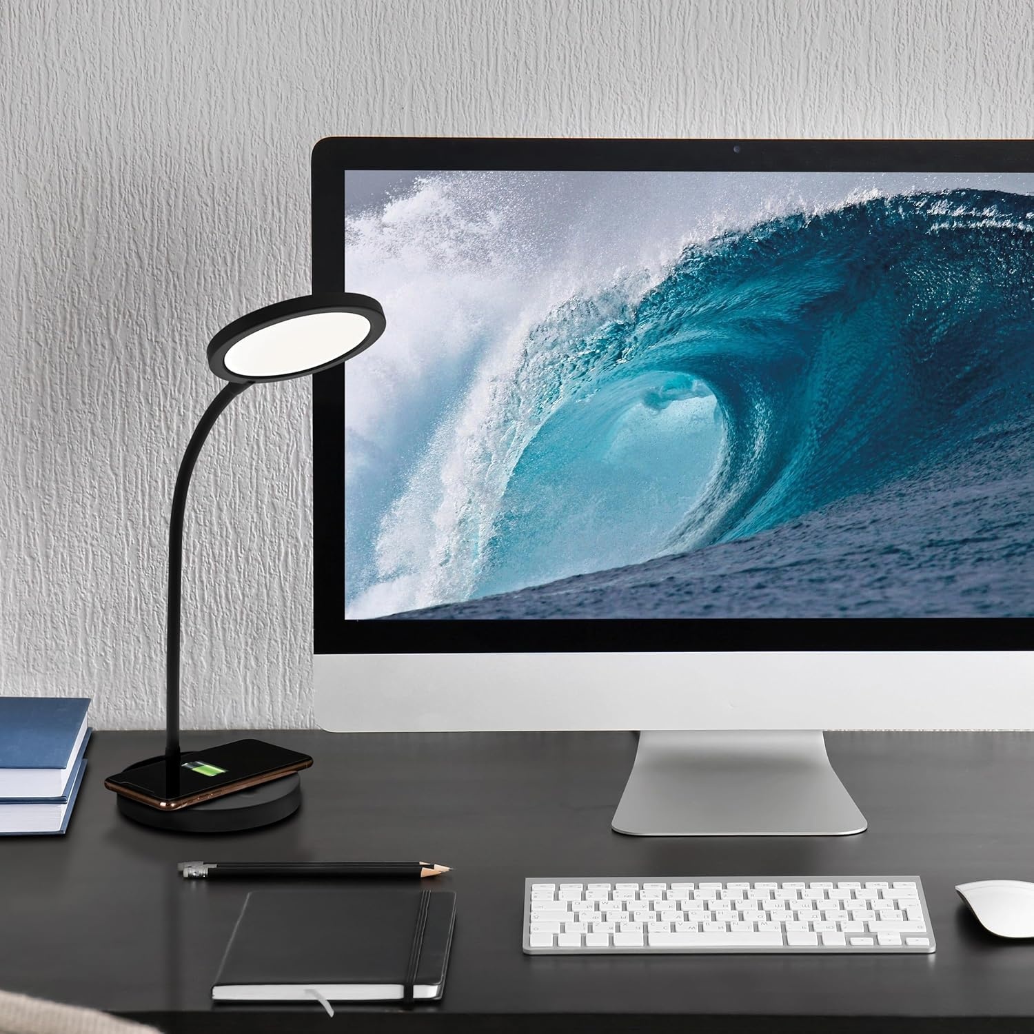 image:imageOttLite Good Housekeeping Circular LED Desk Lamp with Wireless Charging Designed to Reduce Eyestrain Adjustable Neck 3 Color Modes Crafting Office Work Reading amp StudyingBlack