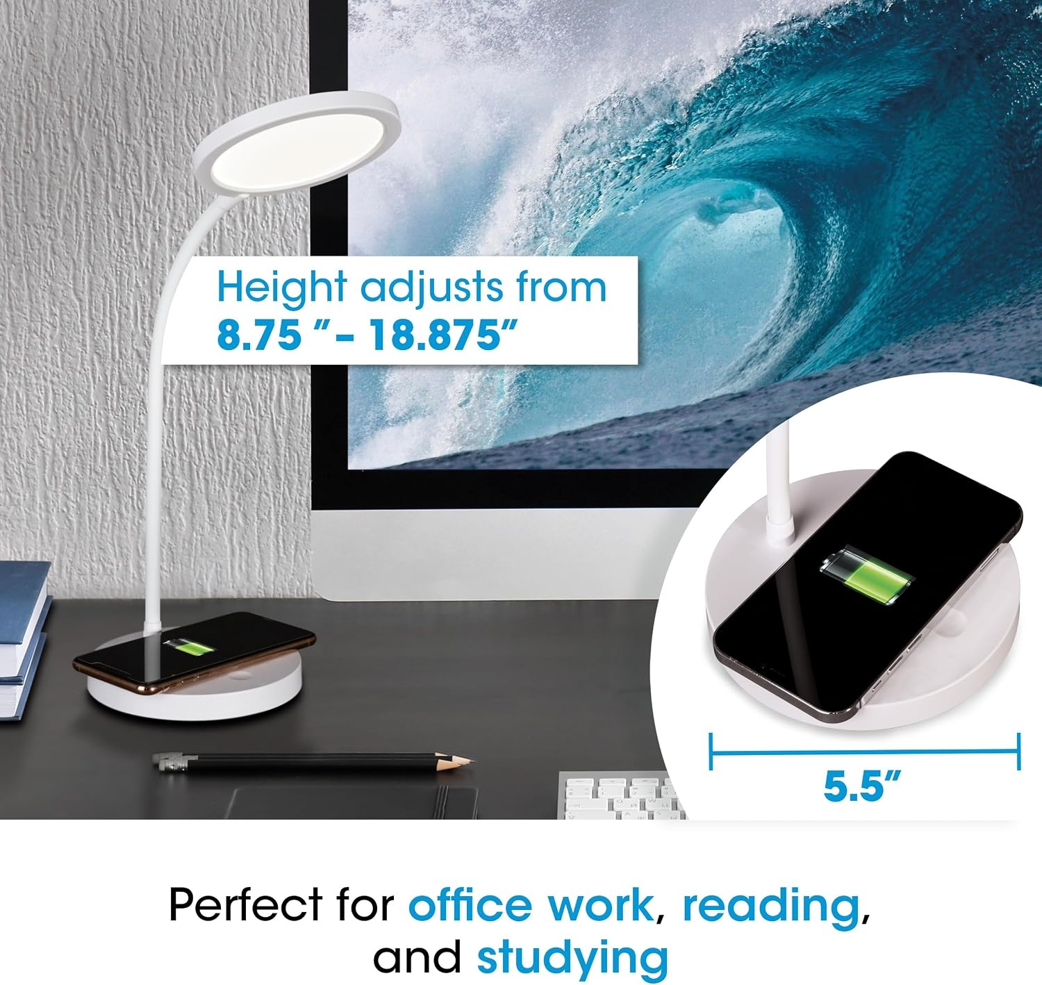 image:imageOttLite Good Housekeeping Circular LED Desk Lamp with Wireless Charging Designed to Reduce Eyestrain Adjustable Neck 3 Color Modes Crafting Office Work Reading amp StudyingWhite