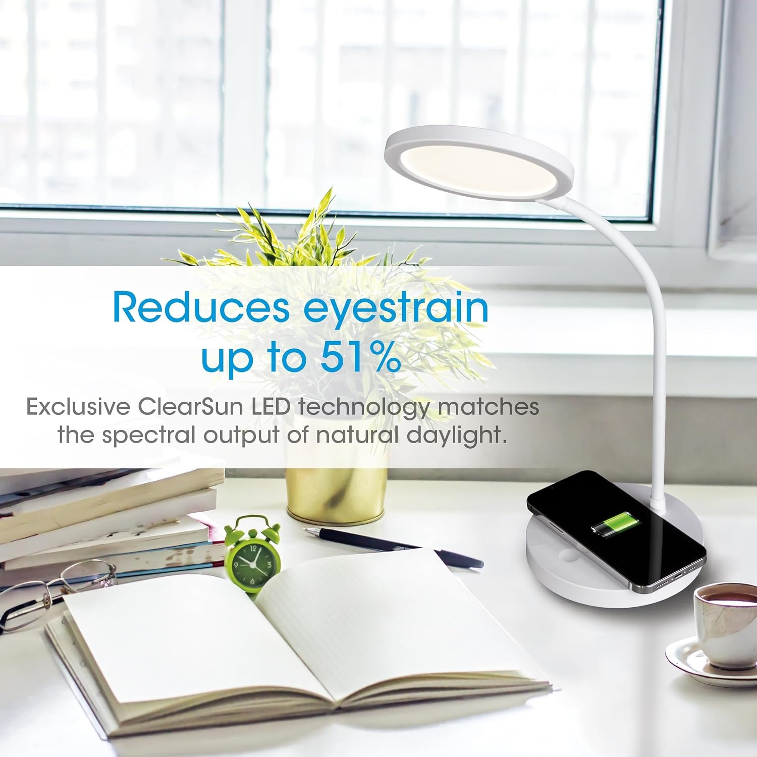 image:imageOttLite Good Housekeeping Circular LED Desk Lamp with Wireless Charging Designed to Reduce Eyestrain Adjustable Neck 3 Color Modes Crafting Office Work Reading amp StudyingWhite