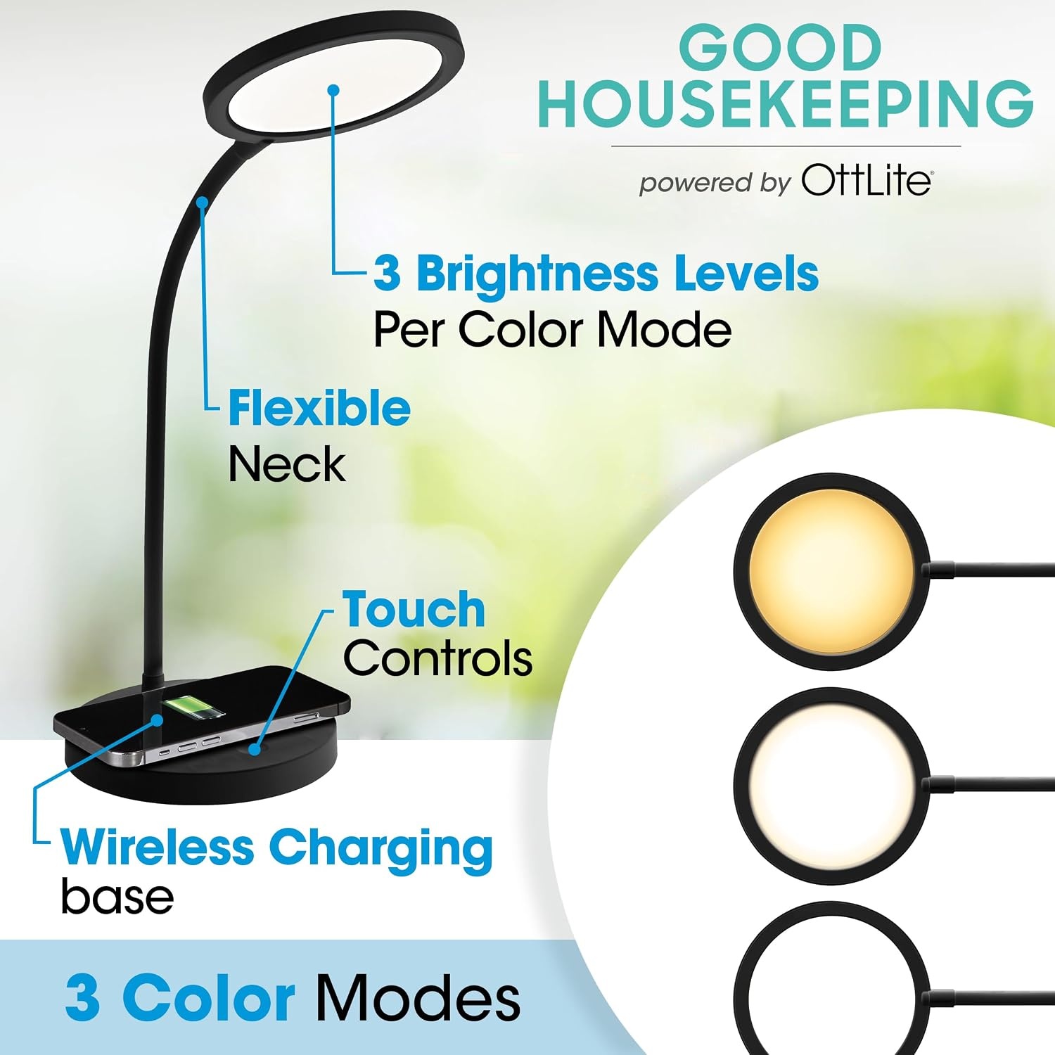 image:imageOttLite Good Housekeeping Circular LED Desk Lamp with Wireless Charging Designed to Reduce Eyestrain Adjustable Neck 3 Color Modes Crafting Office Work Reading amp StudyingBlack