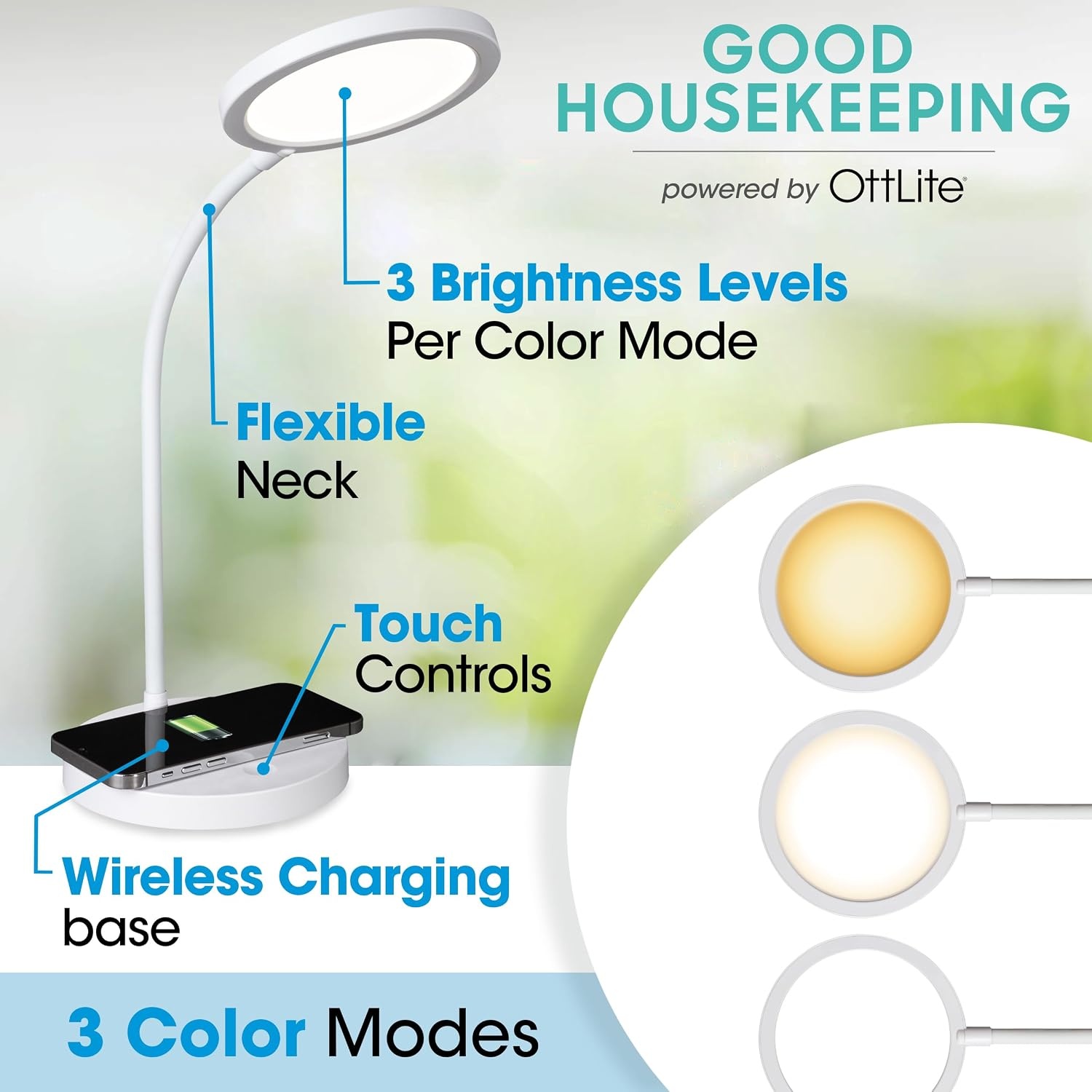 image:imageOttLite Good Housekeeping Circular LED Desk Lamp with Wireless Charging Designed to Reduce Eyestrain Adjustable Neck 3 Color Modes Crafting Office Work Reading amp StudyingWhite
