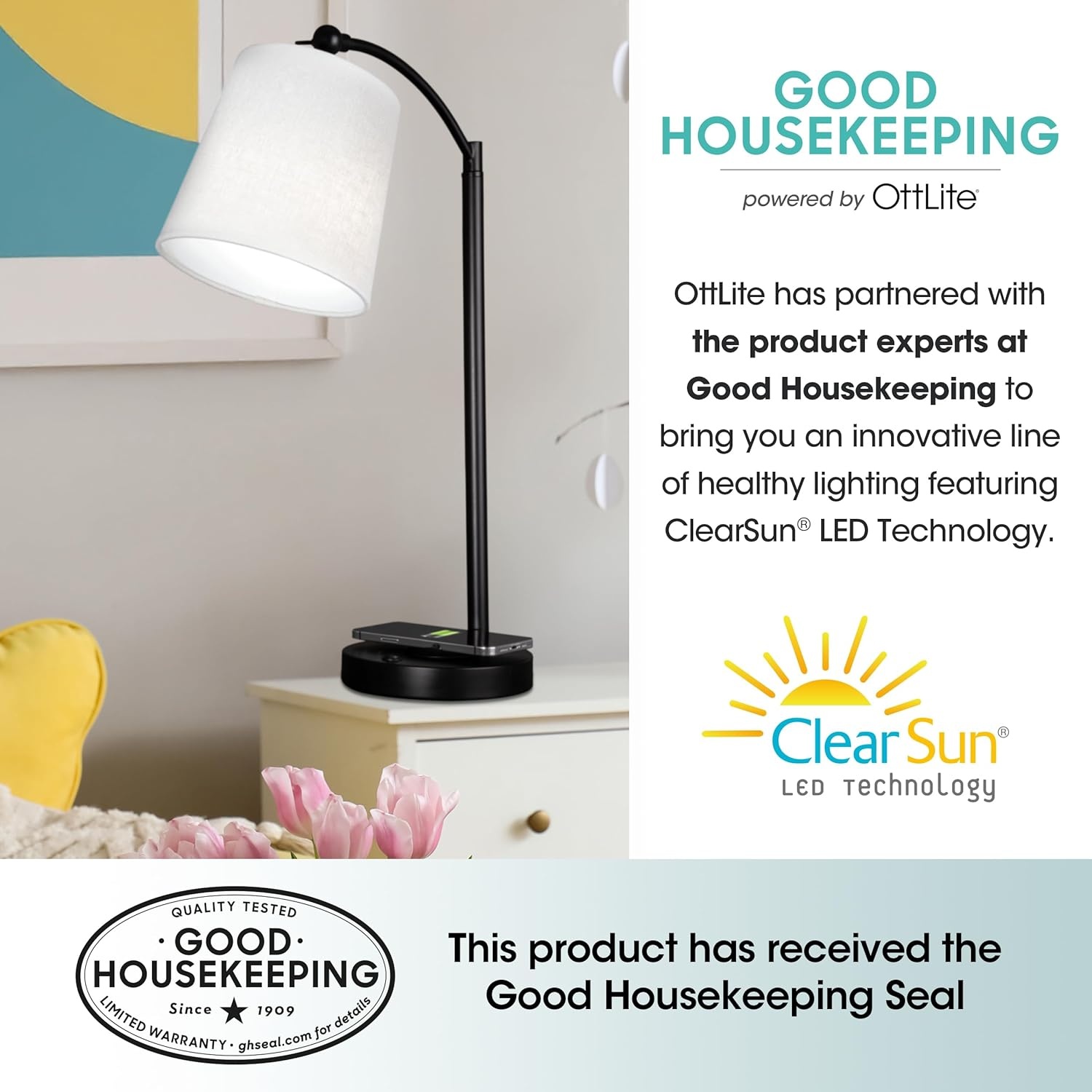 image:imageOttLite Good Housekeeping Shaded LED Desk Lamp with Wireless Charging Pad Designed to Reduce Eyestrain Adjustable Shade Replaceable ClearSun LED Bulb Crafting Reading Light Desk Lamp