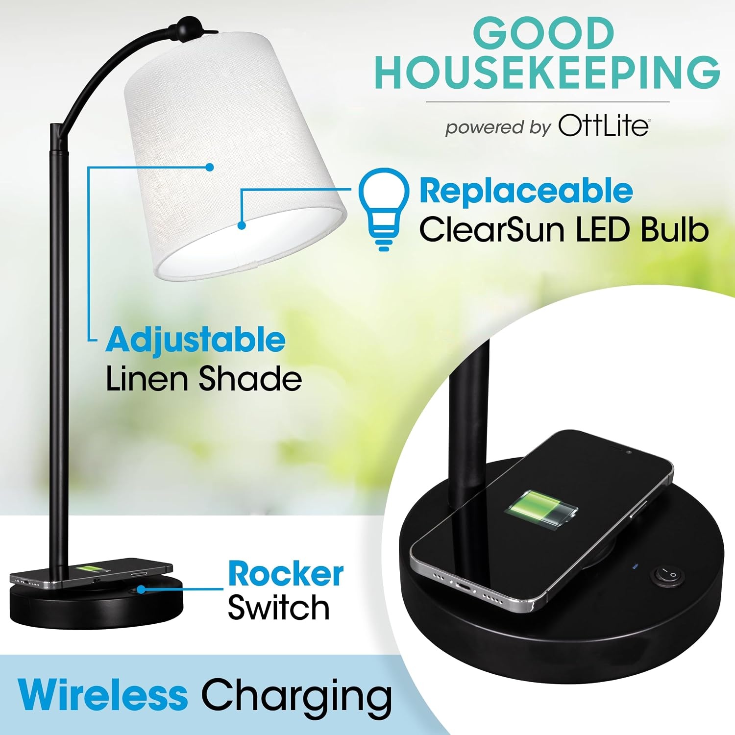 image:imageOttLite Good Housekeeping Shaded LED Desk Lamp with Wireless Charging Pad Designed to Reduce Eyestrain Adjustable Shade Replaceable ClearSun LED Bulb Crafting Reading Light Desk Lamp