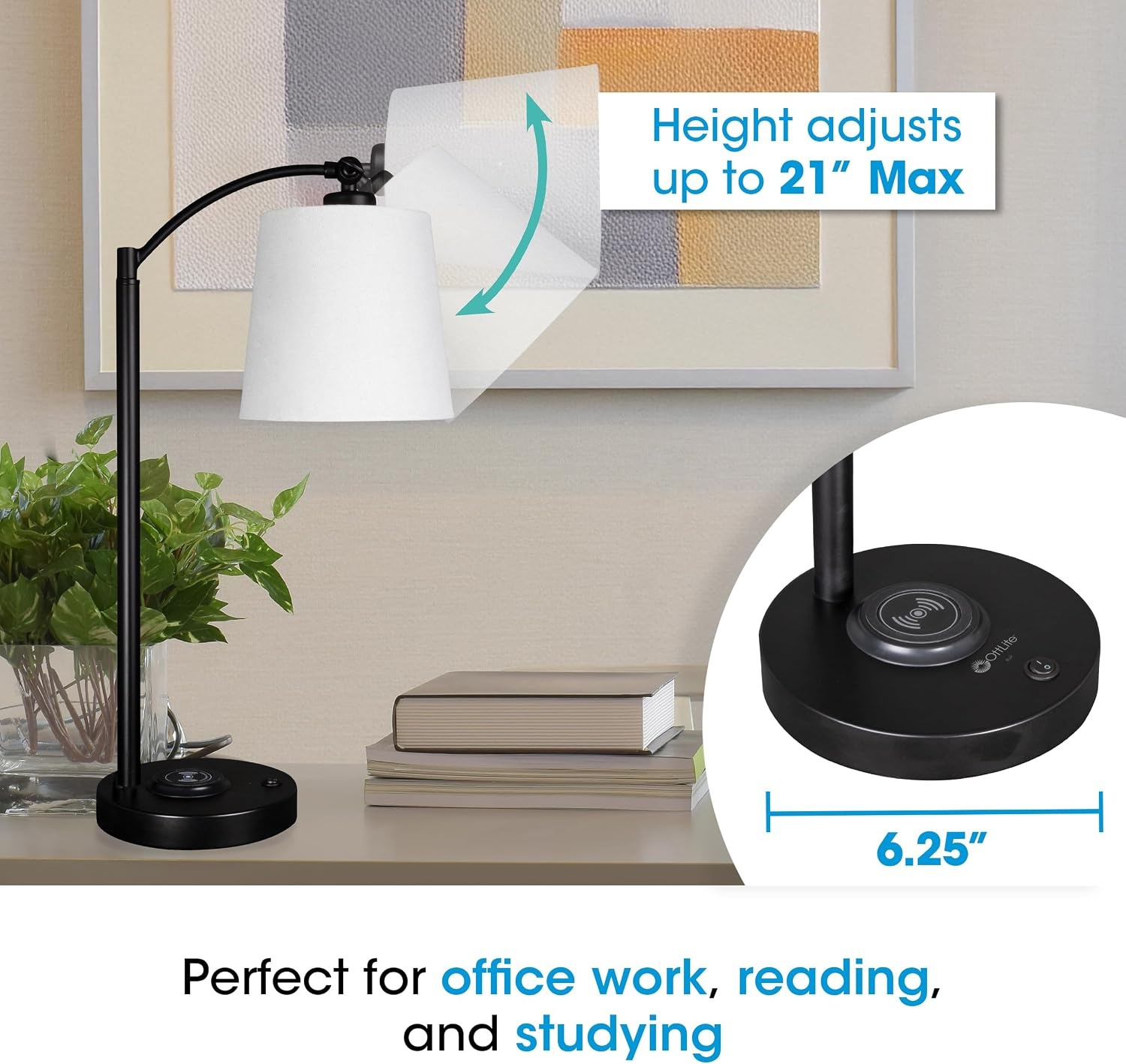 image:imageOttLite Good Housekeeping Shaded LED Desk Lamp with Wireless Charging Pad Designed to Reduce Eyestrain Adjustable Shade Replaceable ClearSun LED Bulb Crafting Reading Light Desk Lamp