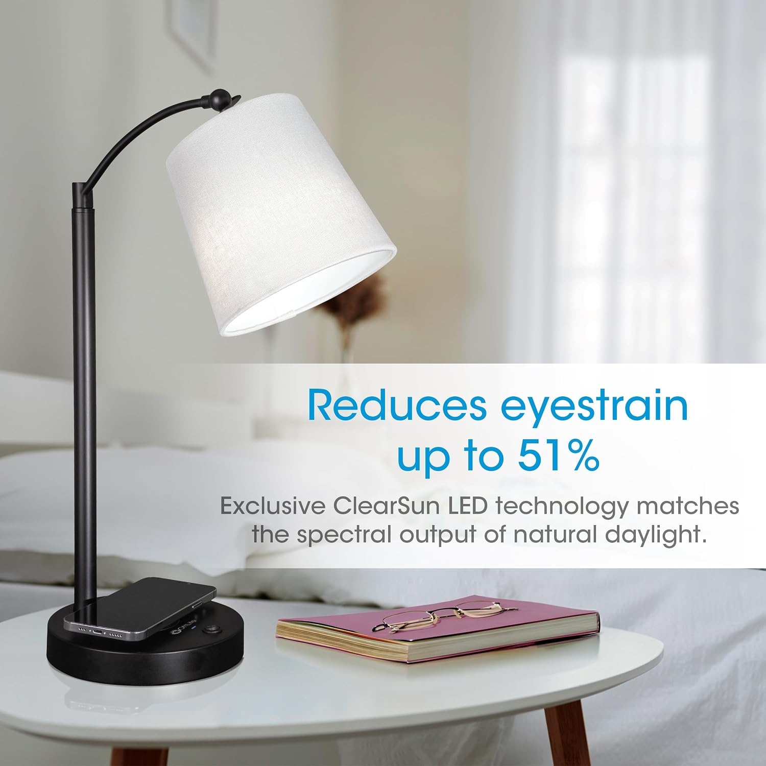 image:imageOttLite Good Housekeeping Shaded LED Desk Lamp with Wireless Charging Pad Designed to Reduce Eyestrain Adjustable Shade Replaceable ClearSun LED Bulb Crafting Reading Light Desk Lamp