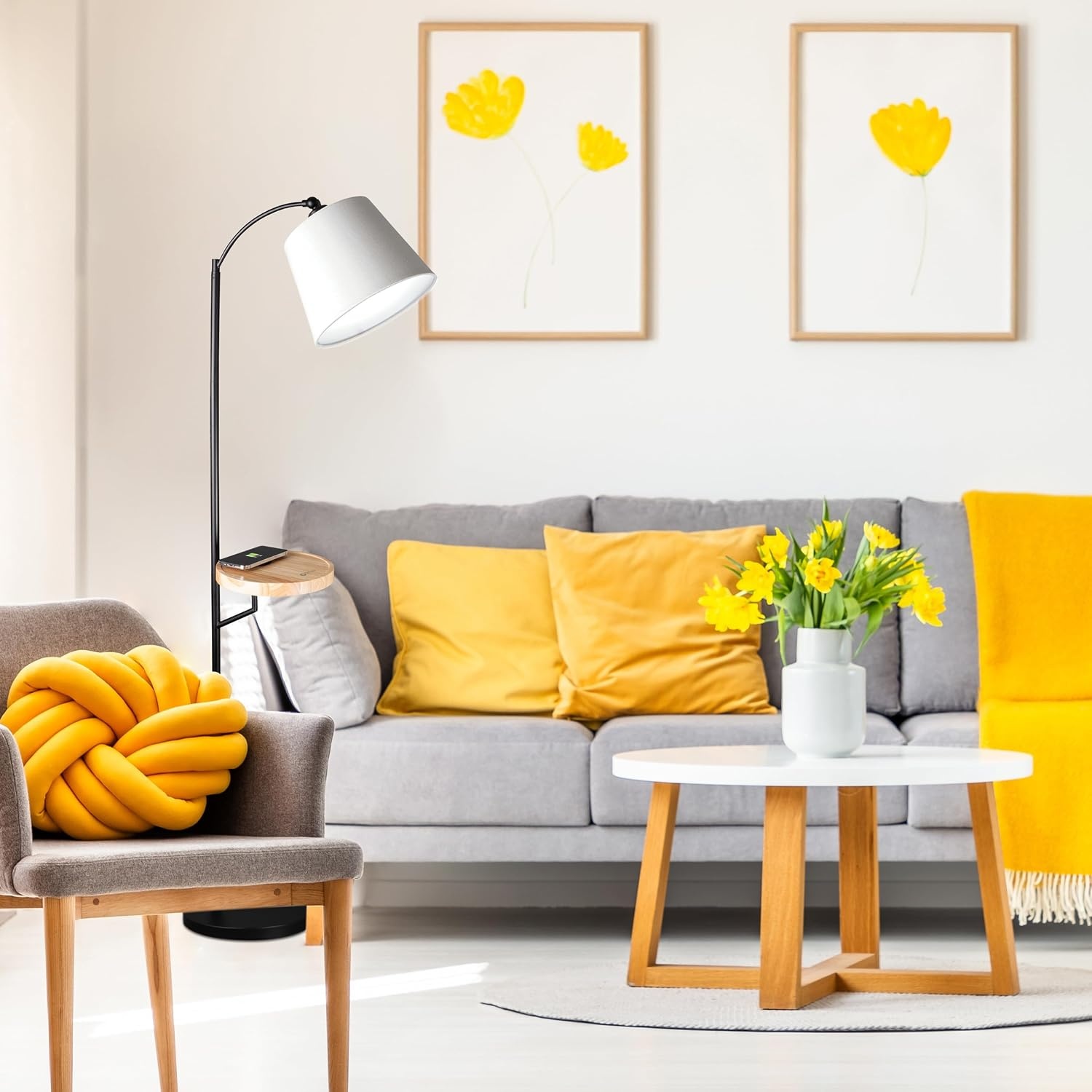 image:imageOttLite Good Housekeeping Shaded Modern LED Floor Lamp for Bedroom with Tray Wireless Charging Table Designed to Reduce Eyestrain Adjustable Shade ClearSun LED Bulb Reading Light amp Studying Lamp